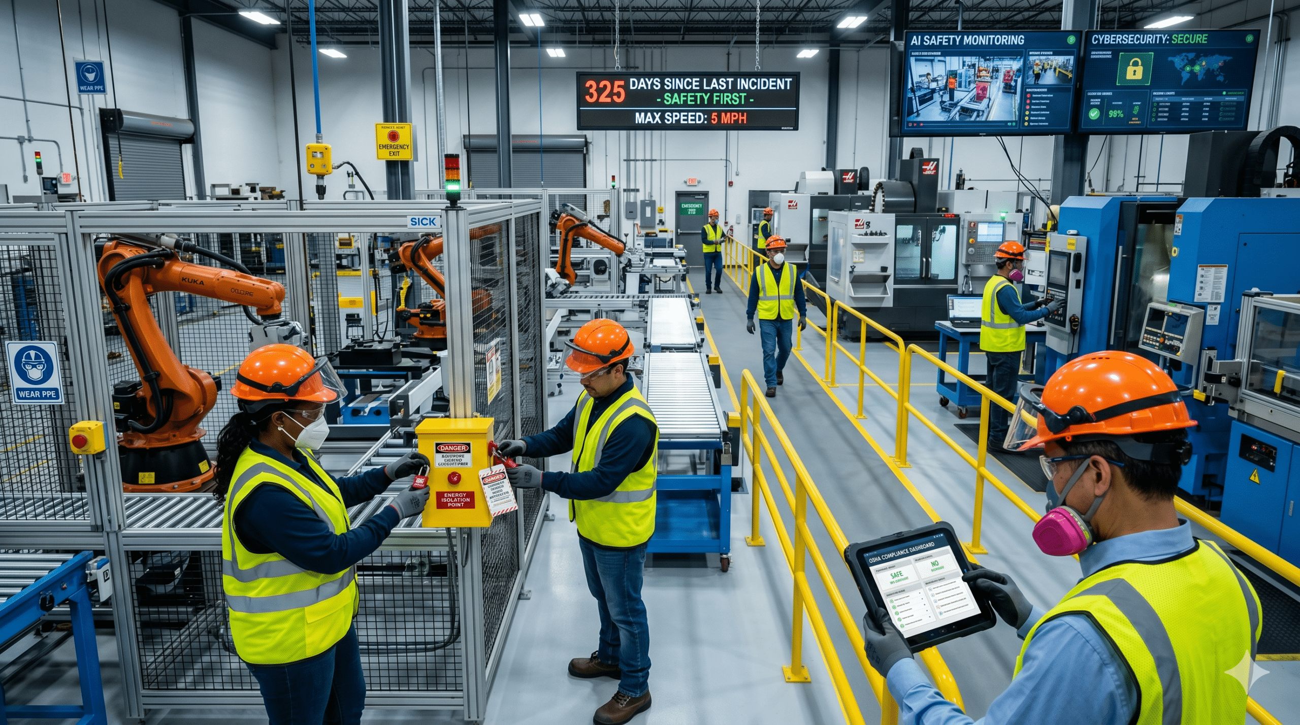 OSHA safety guidelines manufacturing in a smart factory with PPE, robotics, lockout tagout procedures, and AI safety monitoring systems.