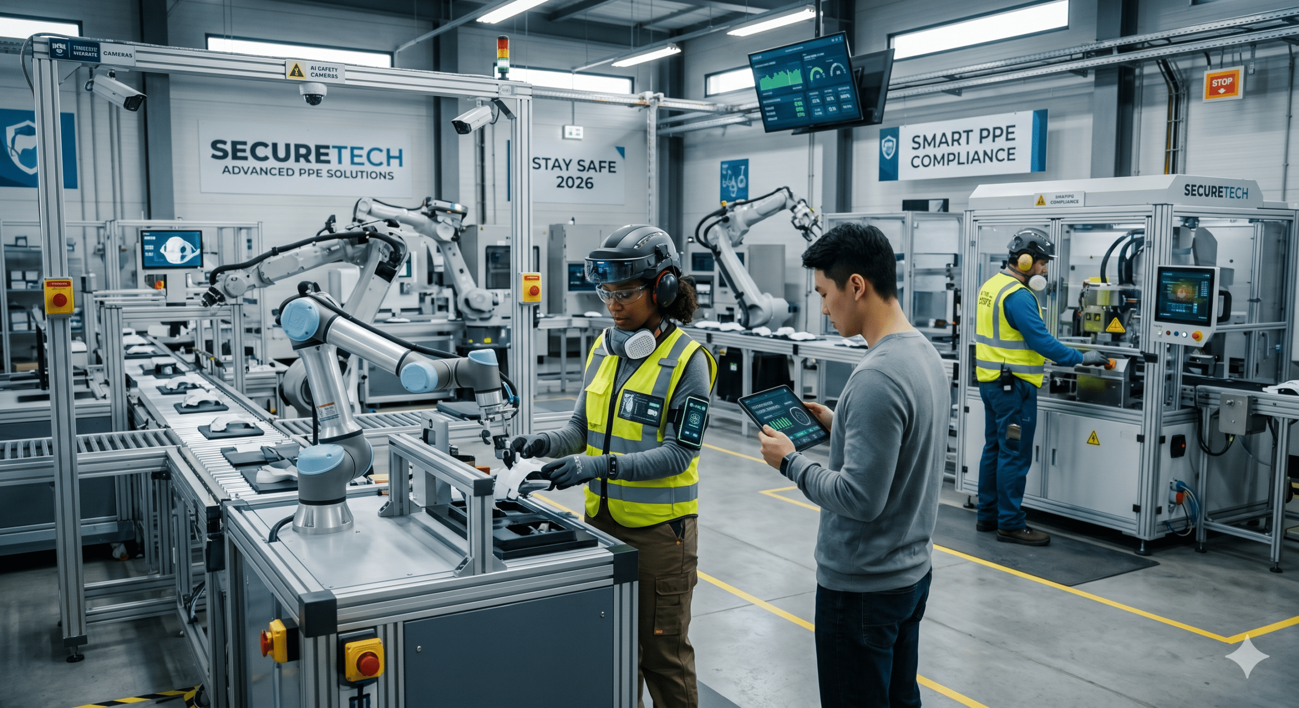 PPE in manufacturing with smart safety equipment, robotics, wearable technology, and AI-powered compliance systems in a modern factory.