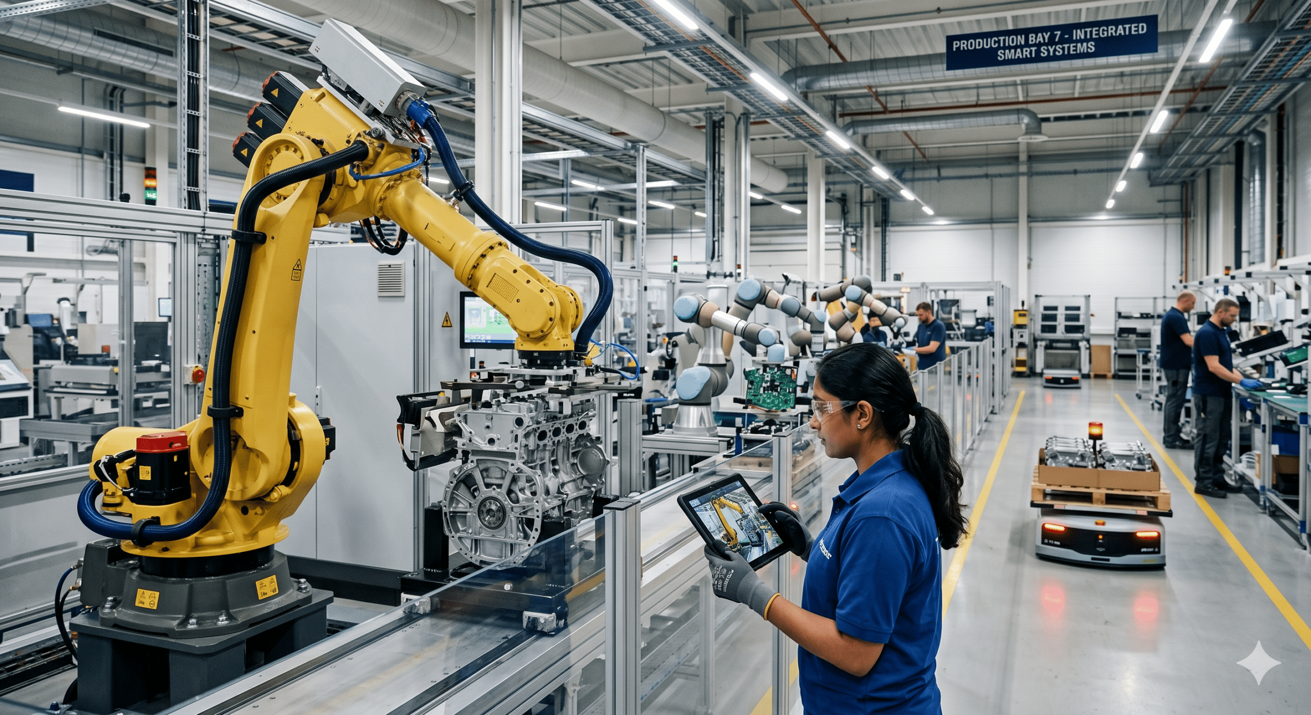 Advanced robotics in production line with automated robotic arms, smart factory systems, and engineer monitoring industrial automation process