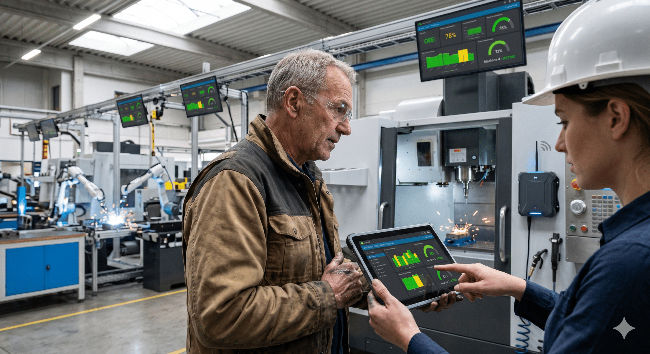 Factory managers using SaaS manufacturing software and real-time automation dashboards inside a smart manufacturing facility