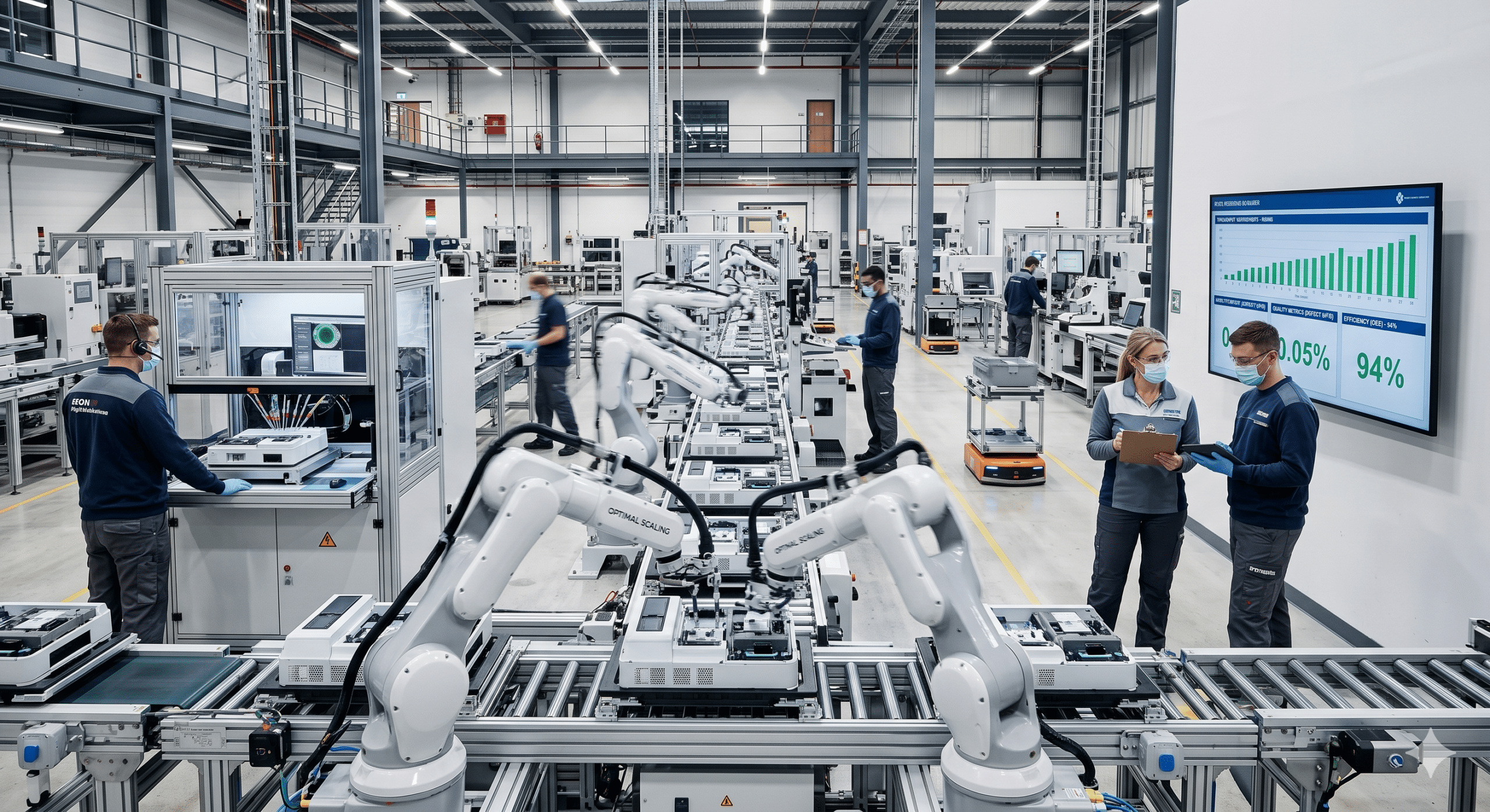 Advanced manufacturing facility scaling production operations with robotics, automation systems, real-time analytics dashboards, and smart factory workers monitoring industrial processes