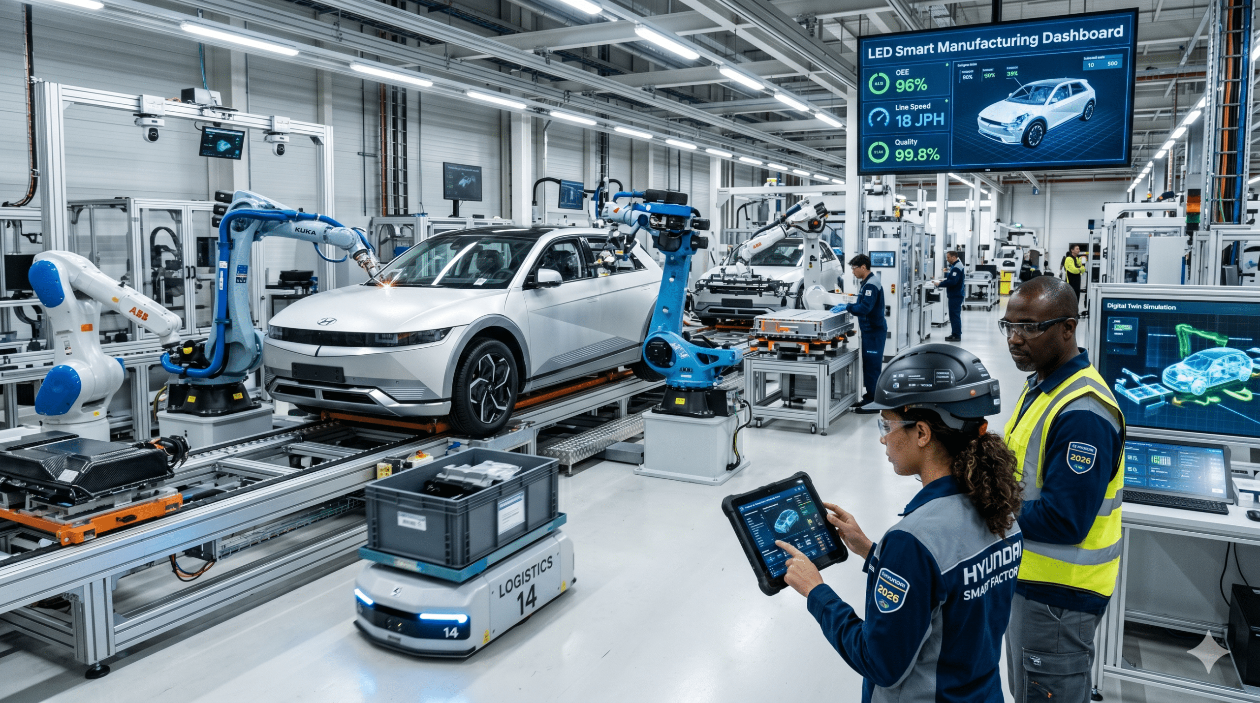 Smart manufacturing automotive factory with robotics, AI-powered production systems, electric vehicle assembly, and digital factory technology in 2026.
