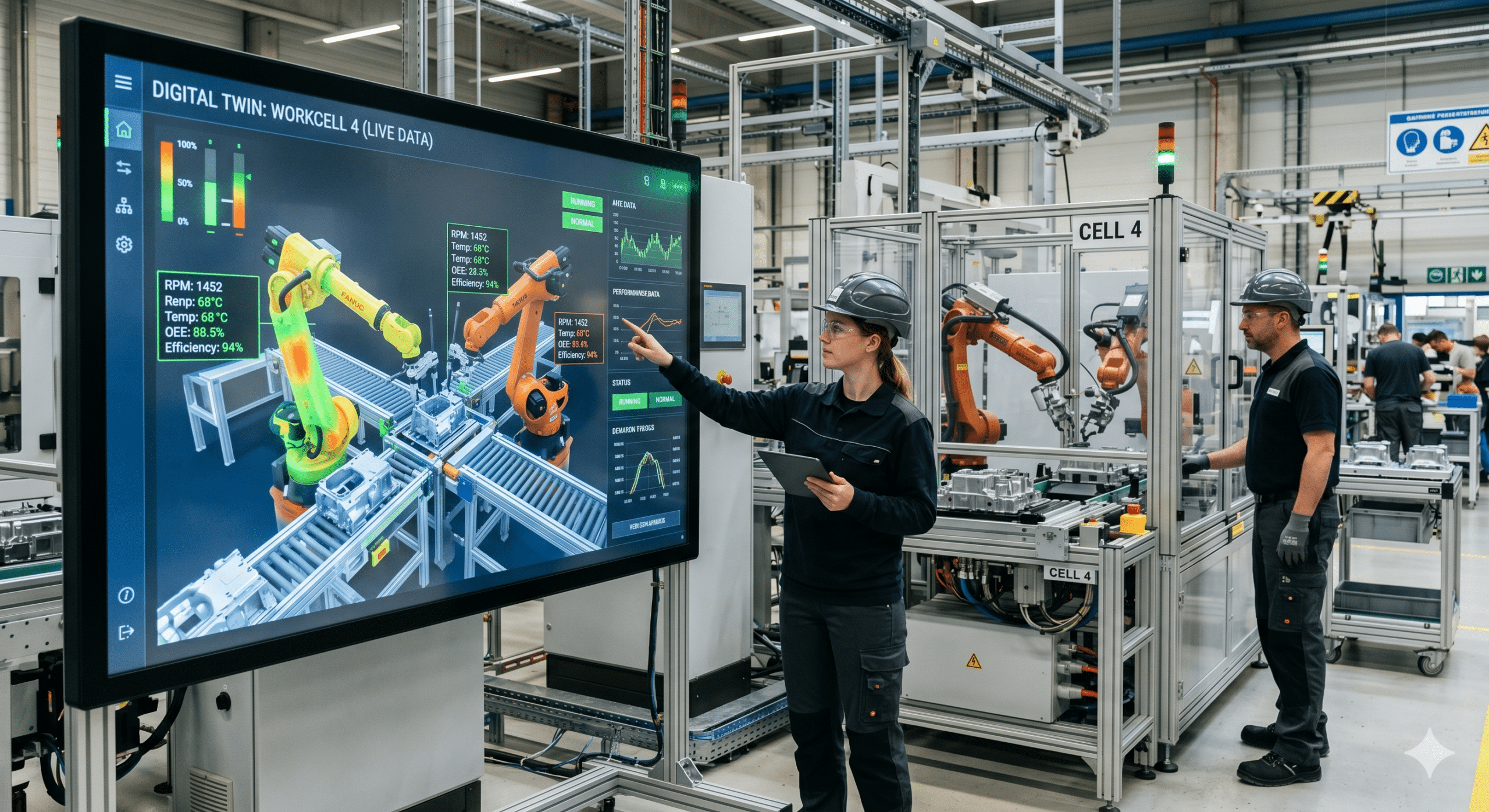 Engineer monitoring a digital twin dashboard with robotic automation systems inside a smart manufacturing factory.