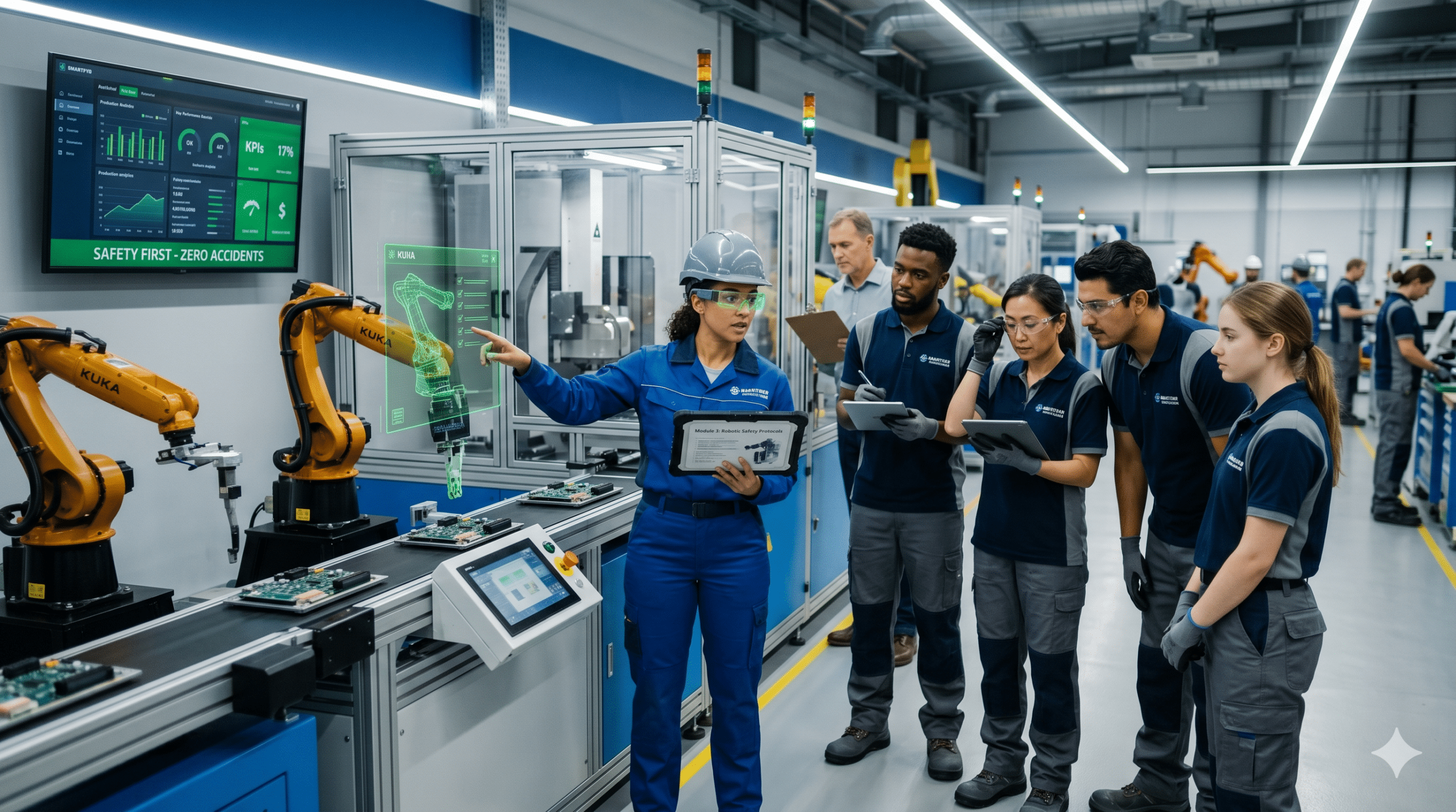 Training manual for production workers in a smart factory with robotics, safety training, automation systems, and digital manufacturing technology.