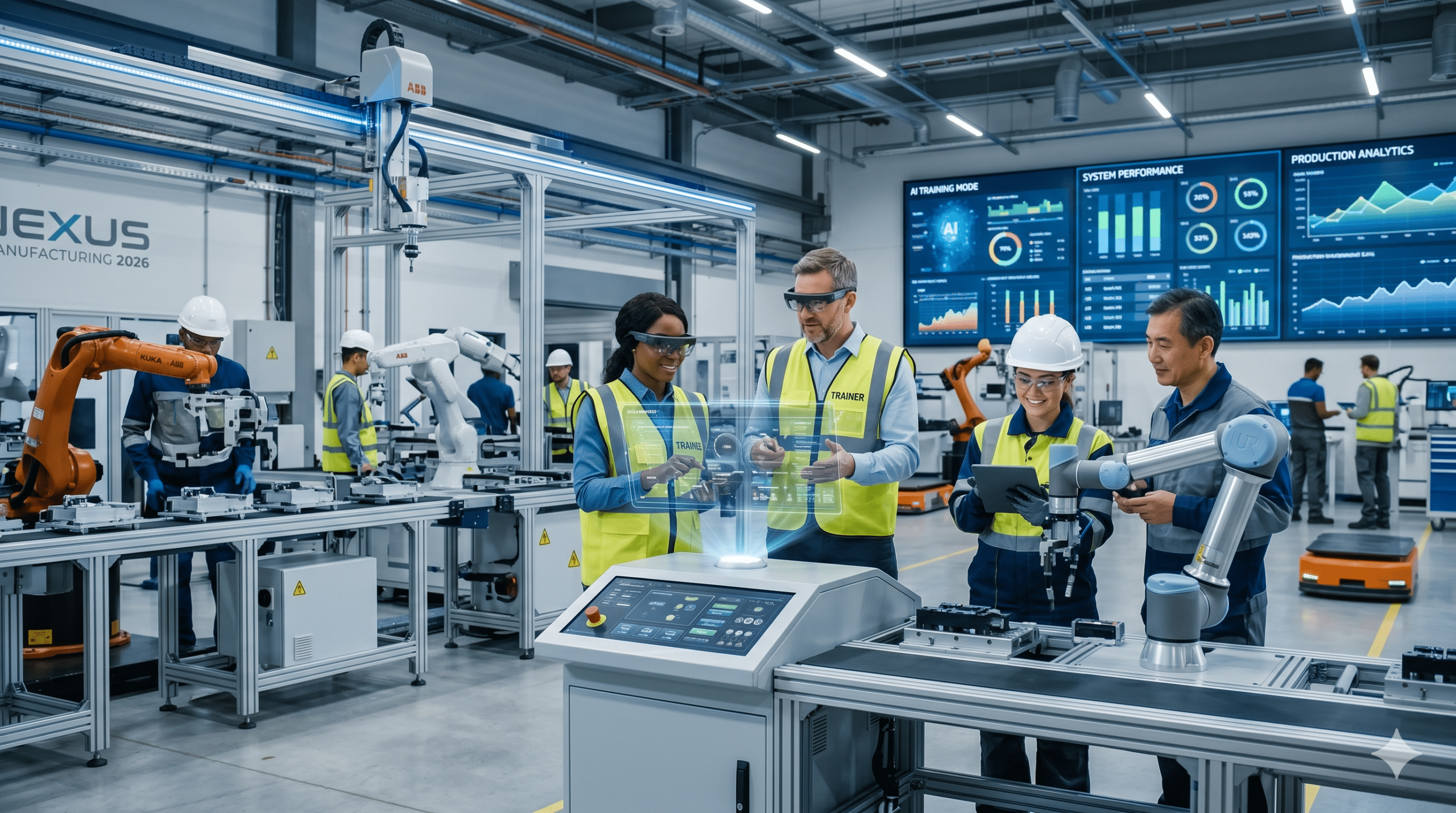 Upskilling manufacturing workforce in a smart factory with AI training, robotics, automation systems, and digital production analytics in 2026.