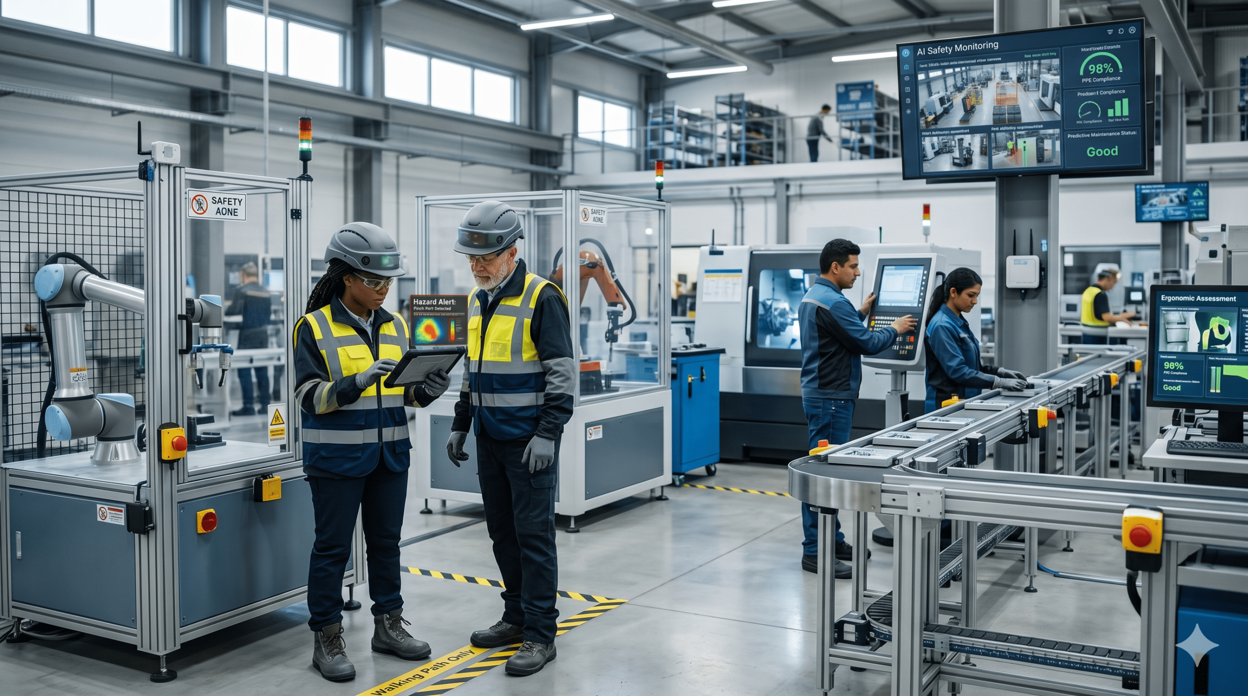 Workplace hazard prevention in a smart factory with AI safety monitoring, robotics, PPE compliance, and industrial automation systems.