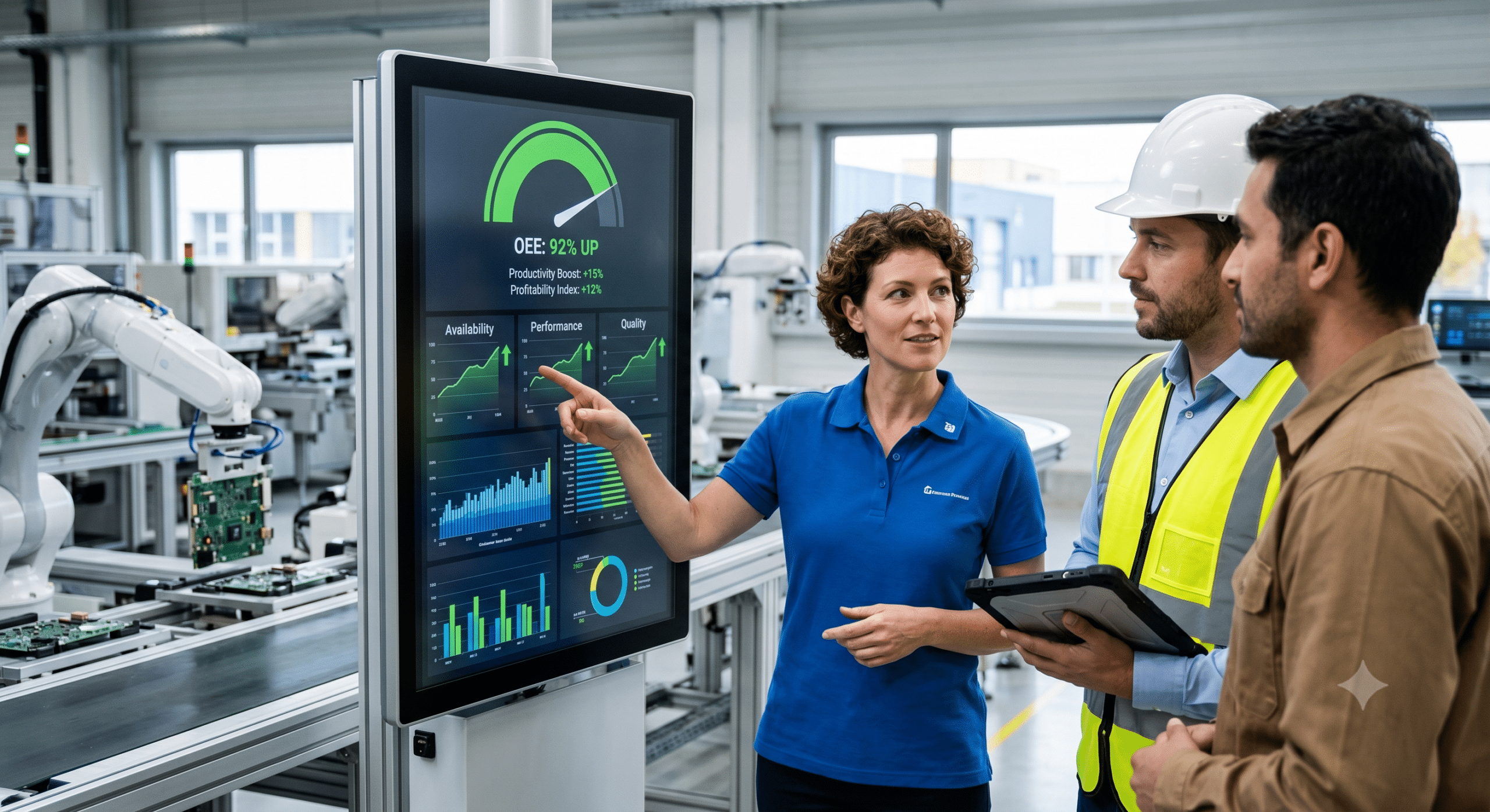 Manufacturing team reviewing equipment efficiency dashboard and production performance metrics on a smart factory floor