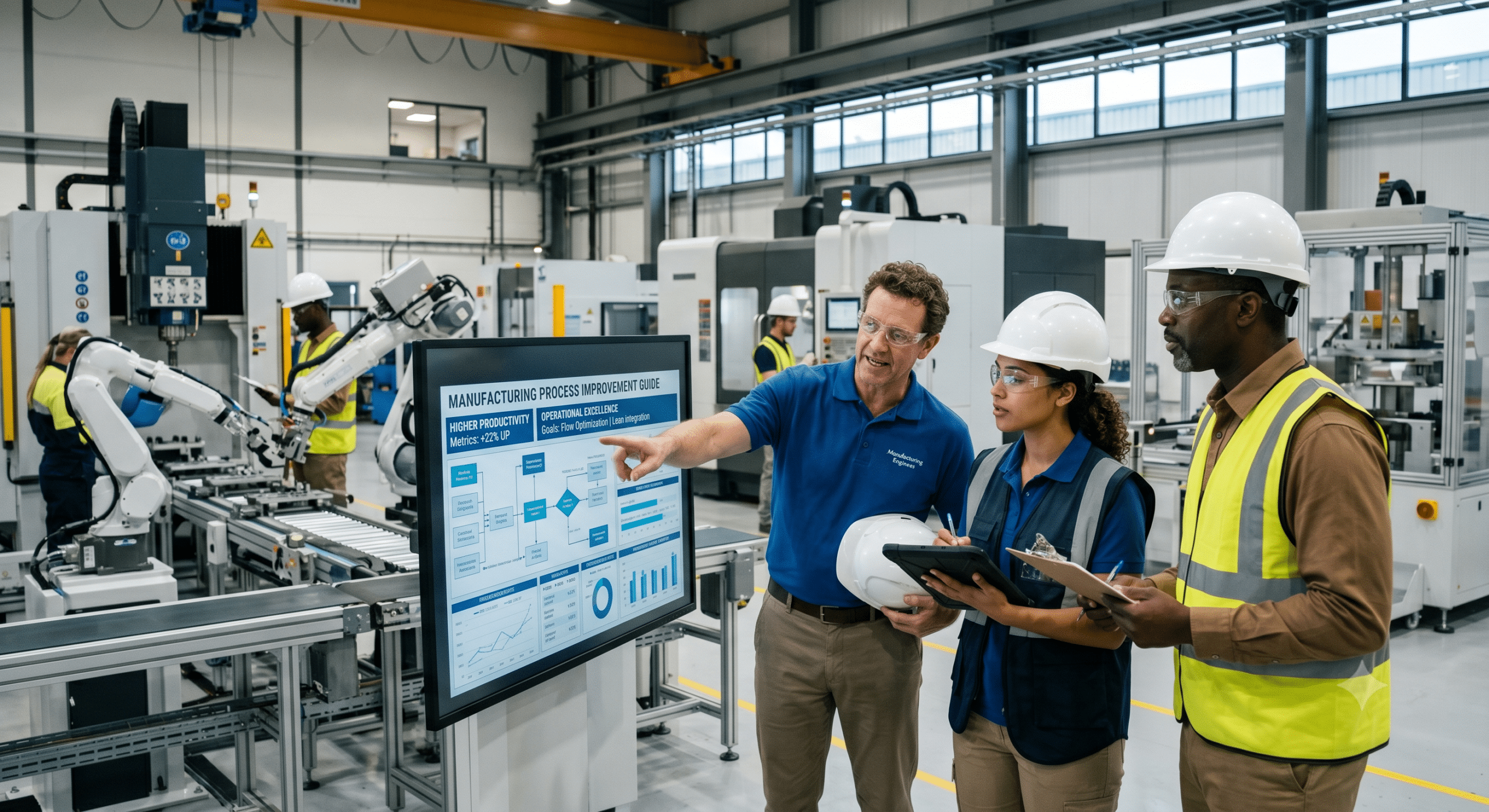 Manufacturing process improvement team reviewing production performance data and operational efficiency metrics in a modern automated factory