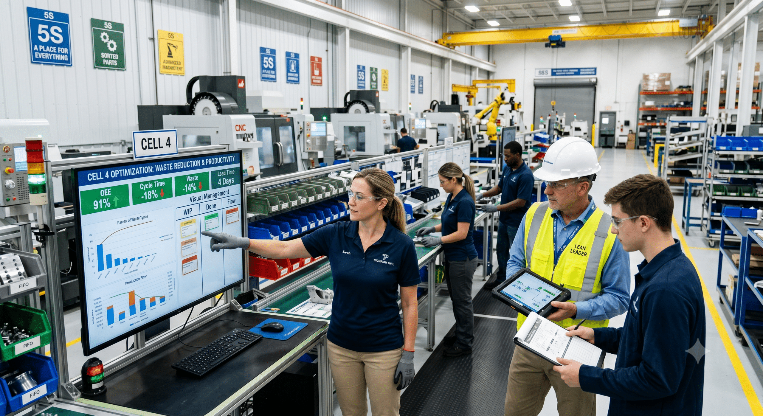 Lean manufacturing team reviewing production efficiency metrics and waste reduction performance on a factory floor