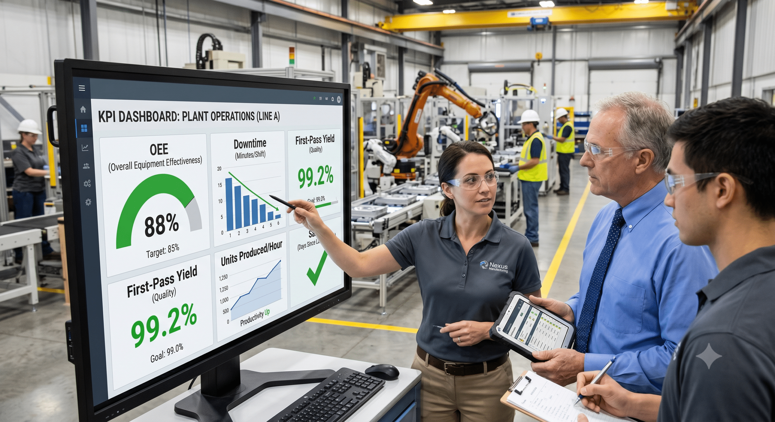 Manufacturing team reviewing a KPI dashboard on the factory floor showing OEE, downtime, first-pass yield, and production performance metrics.