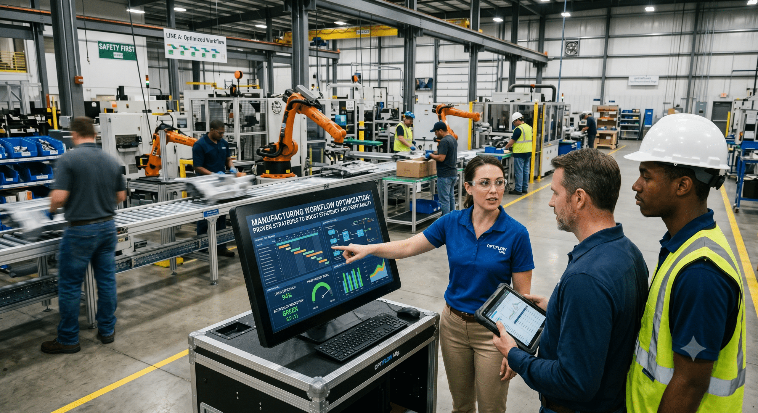 Manufacturing process improvement team reviewing workflow optimization dashboards and production performance data inside a modern automated factory