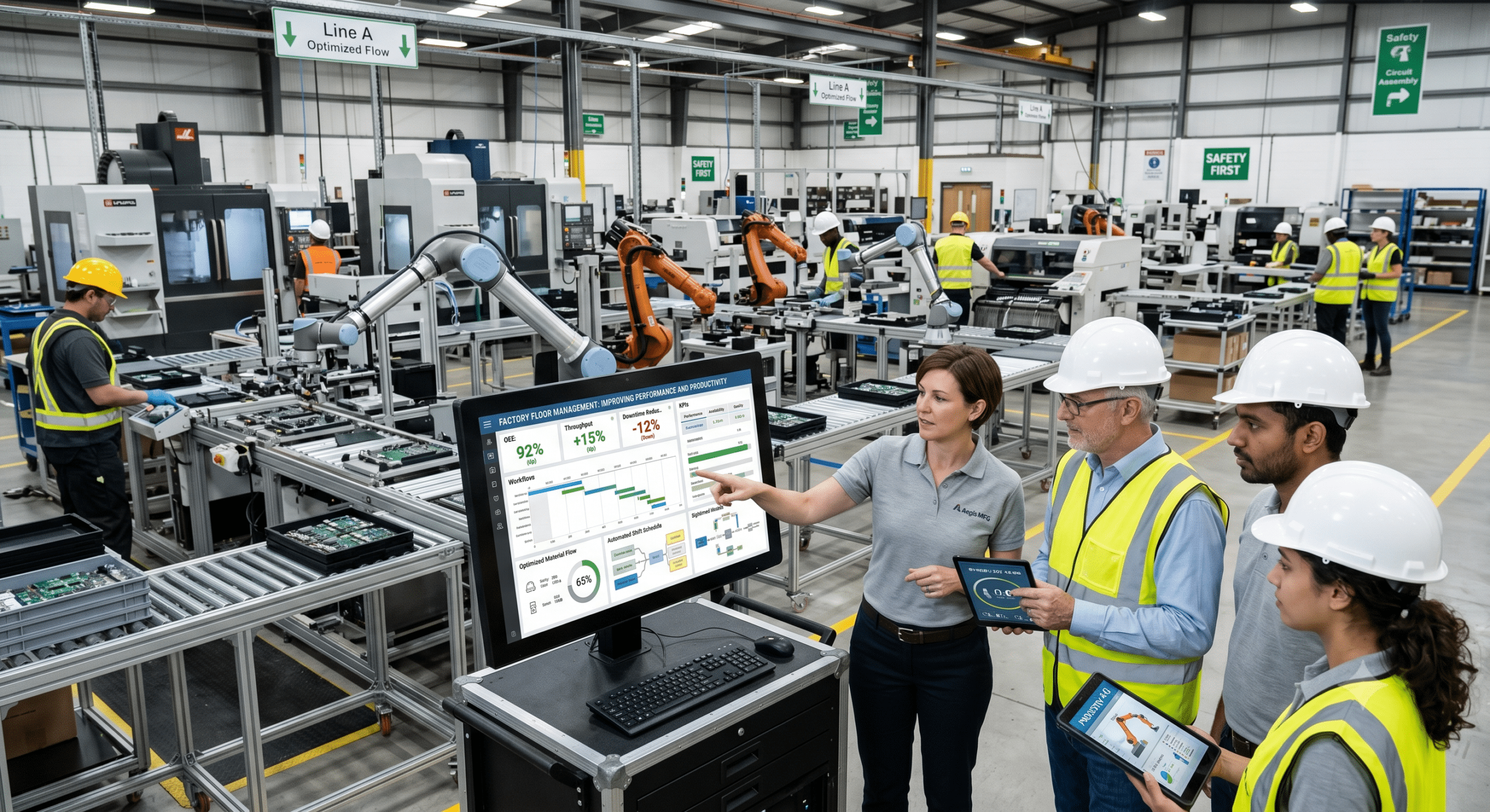 Factory operations team monitoring production performance and productivity through digital dashboards and automation systems in a modern manufacturing facility