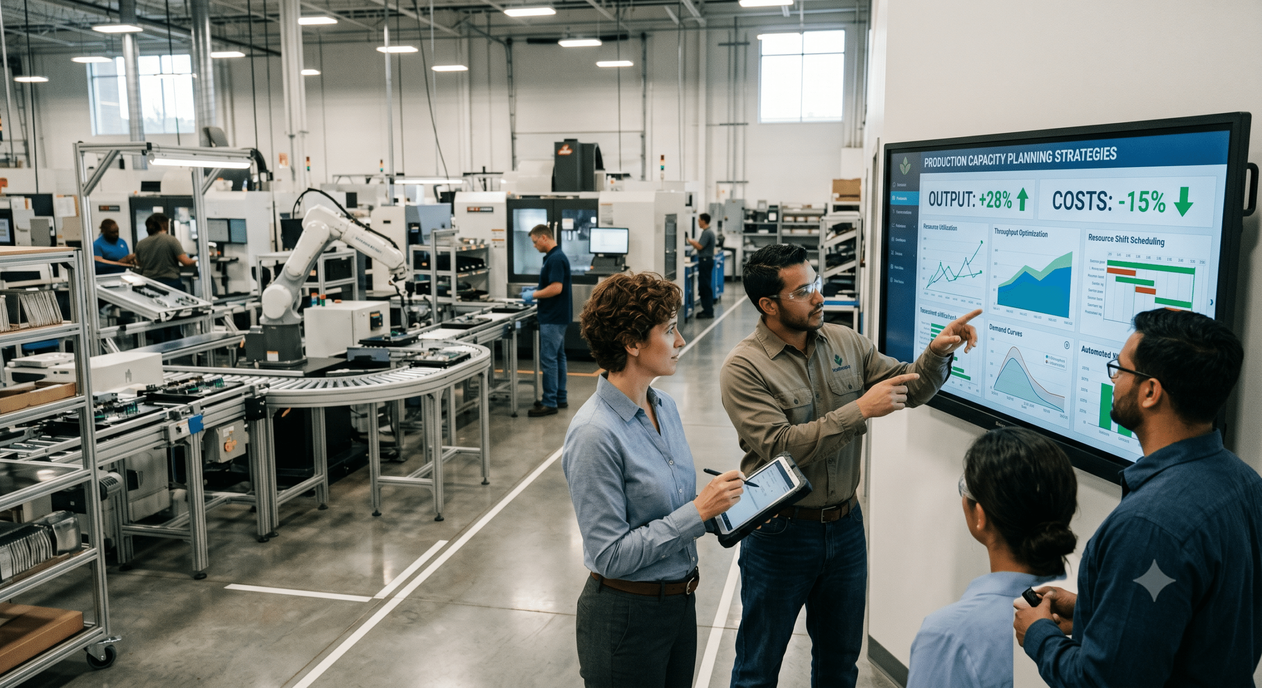 Production planning team reviewing manufacturing operations data and factory performance metrics to improve efficiency, output, and resource utilization