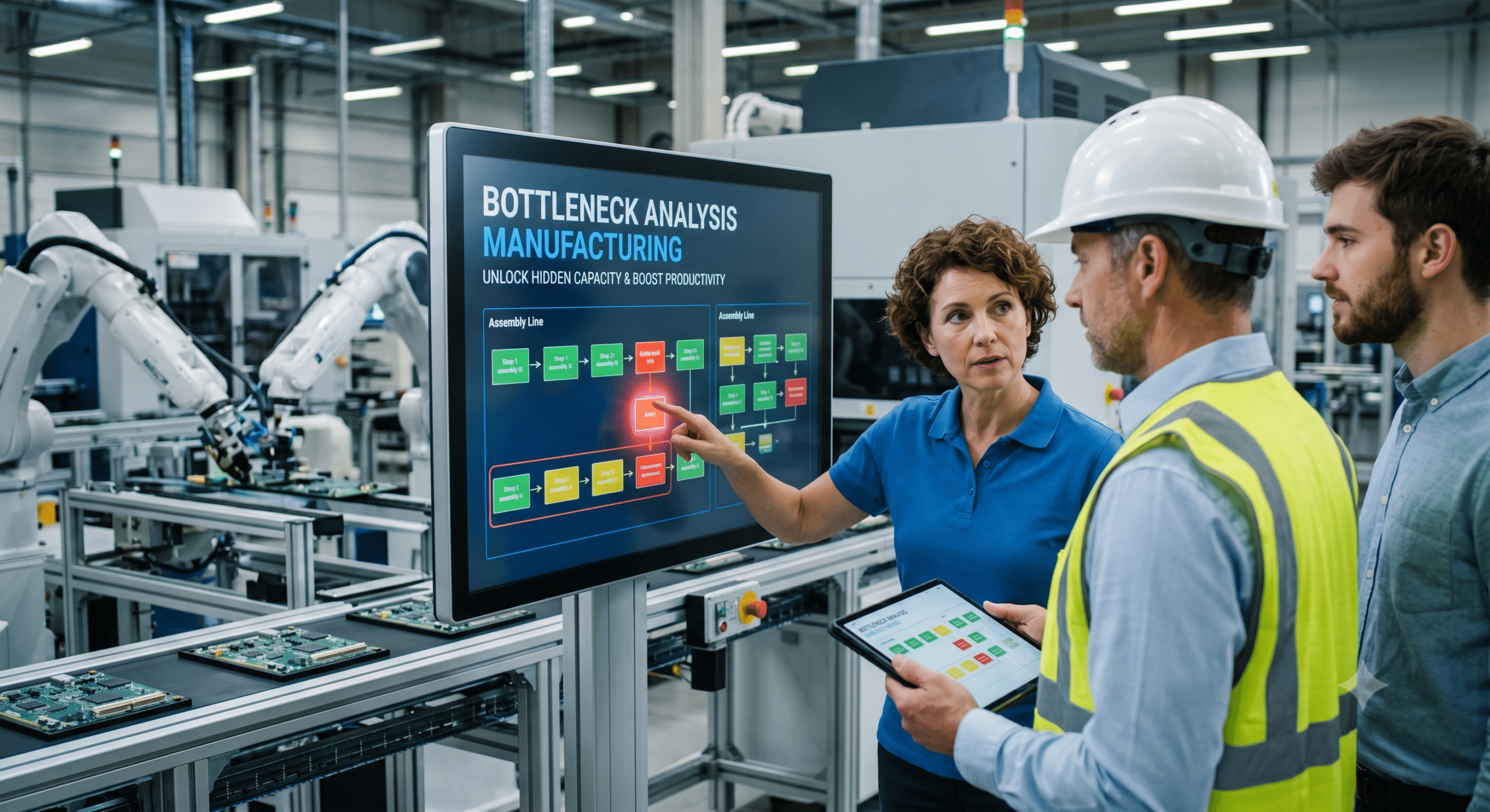 Manufacturing team performing bottleneck analysis manufacturing on a digital production dashboard inside a modern automated factory to improve productivity and identify operational constraints.
