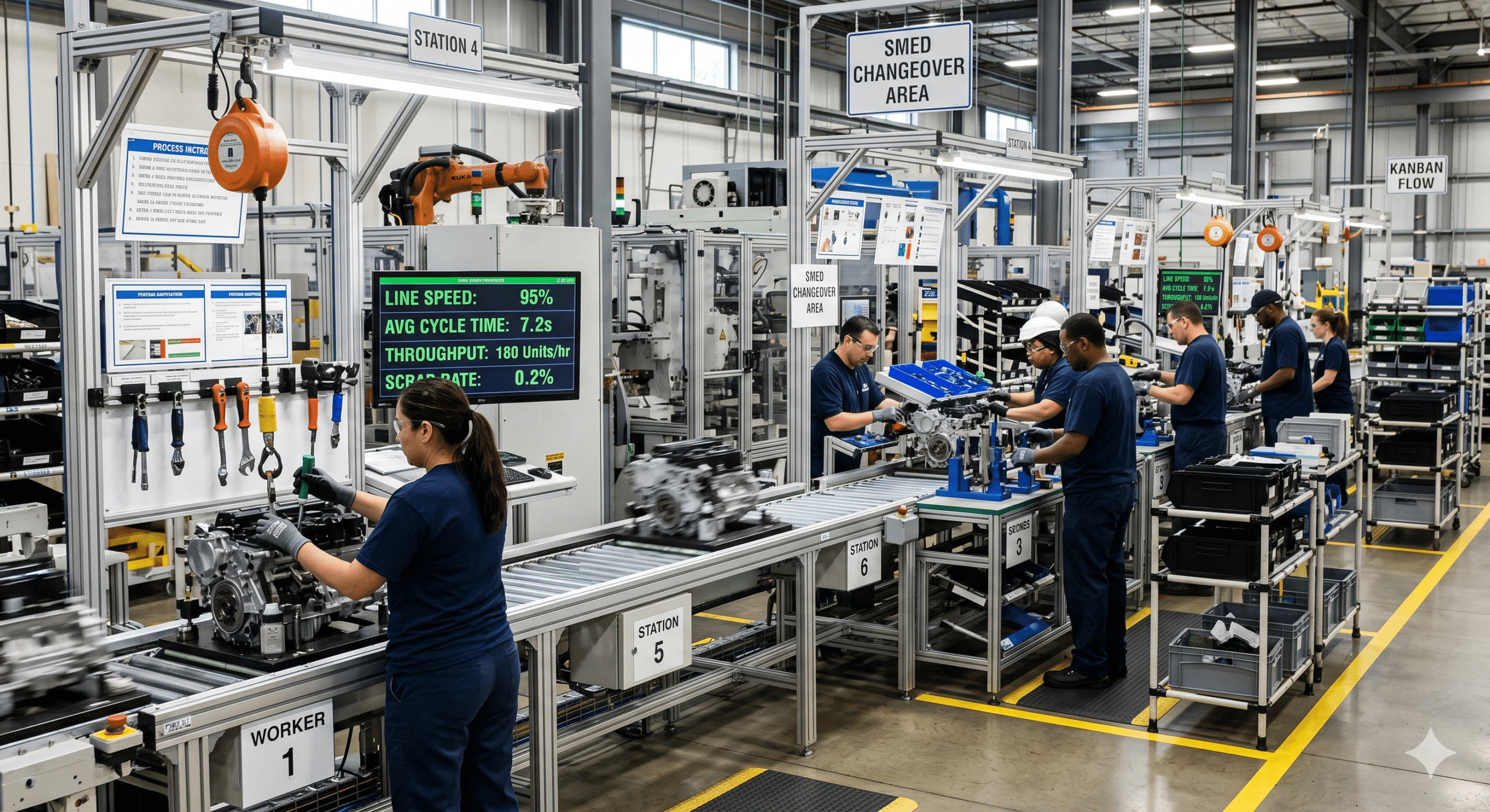 Manufacturing production line implementing cycle time reduction strategies with real-time performance monitoring, SMED changeover process, Kanban flow system, and assembly workers improving throughput and reducing scrap rates.