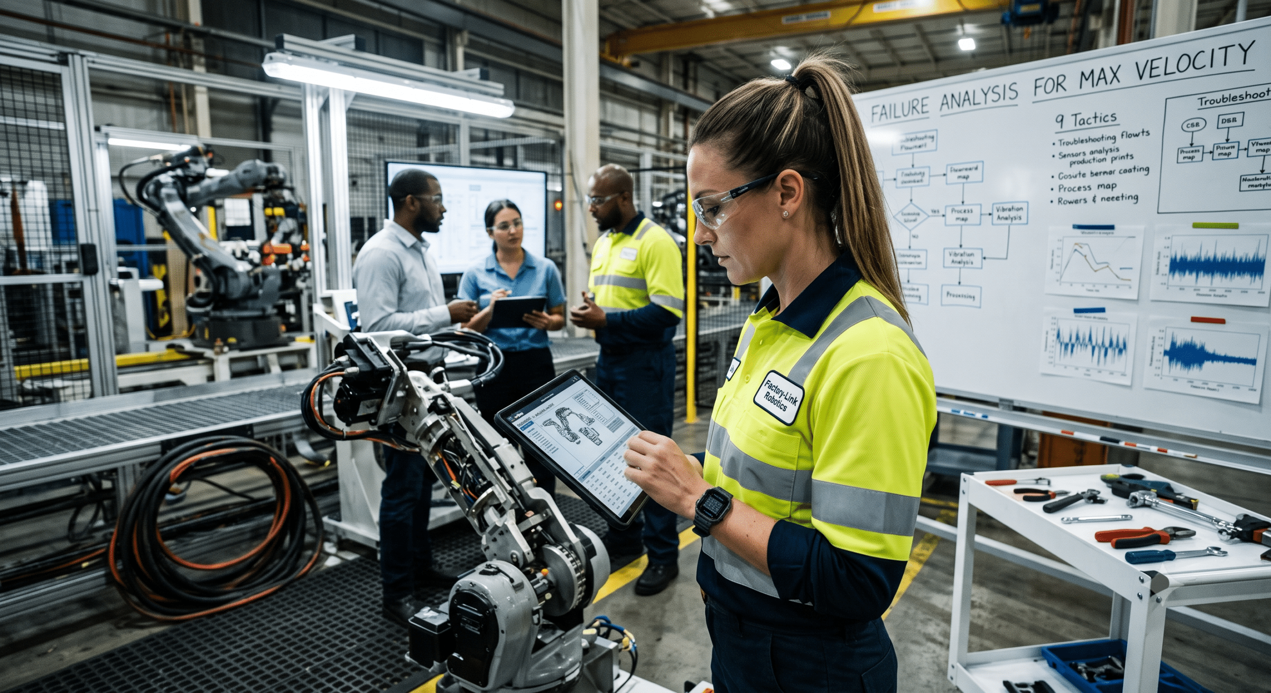 Equipment failure analysis using industrial robotics and predictive maintenance tools in a smart factory.