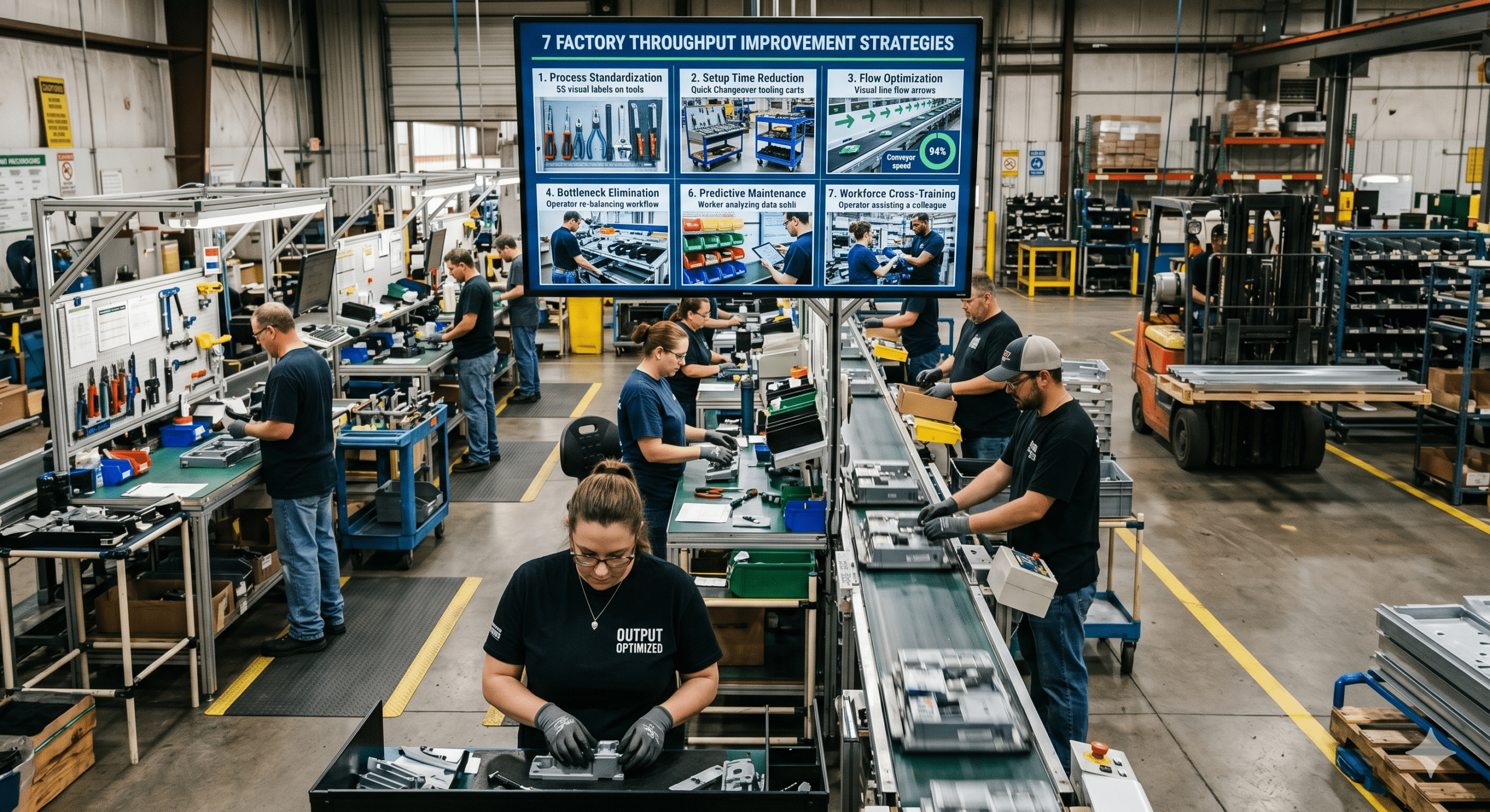 Factory throughput improvement strategies displayed in a modern manufacturing facility with operators working on an optimized production line and assembly process