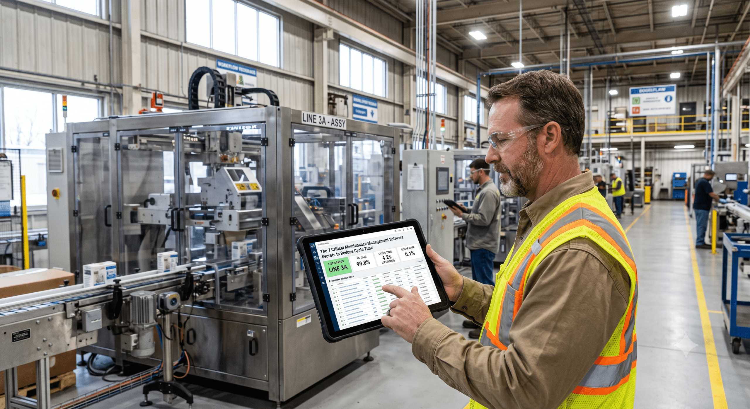 Industrial manager uses maintenance management software on a tablet to track cycle time.