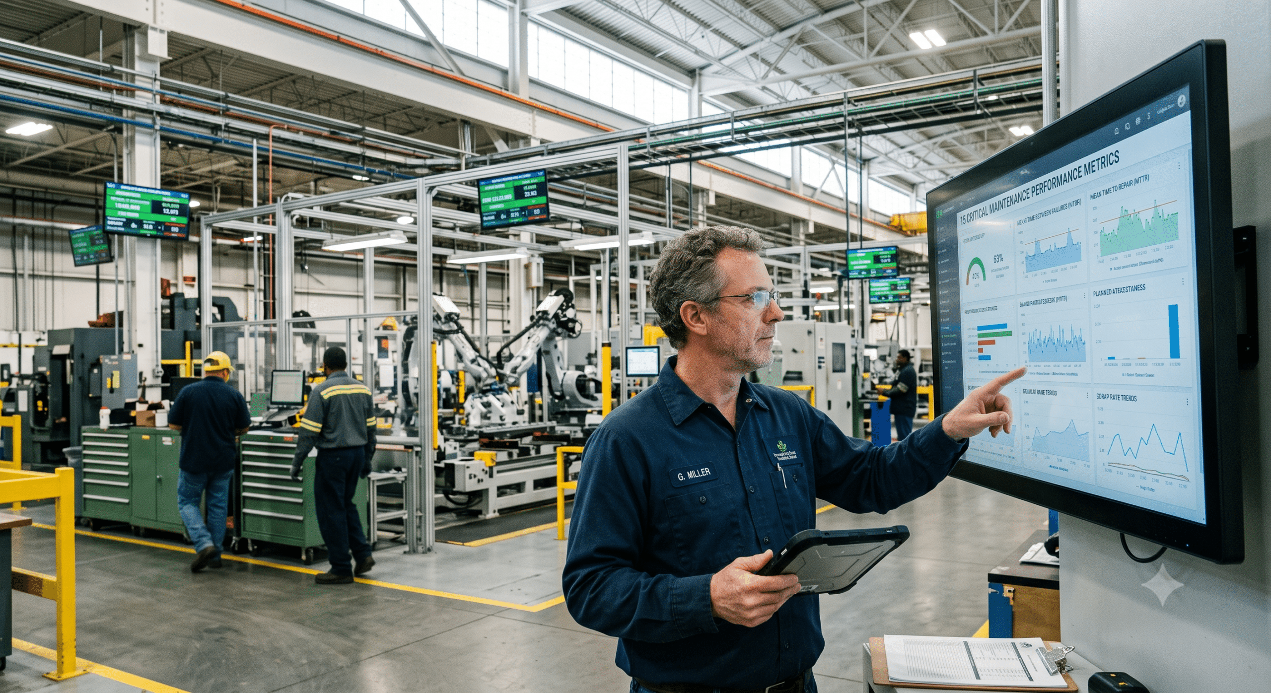 Maintenance performance metrics dashboard tracking equipment reliability, downtime, and maintenance KPIs.