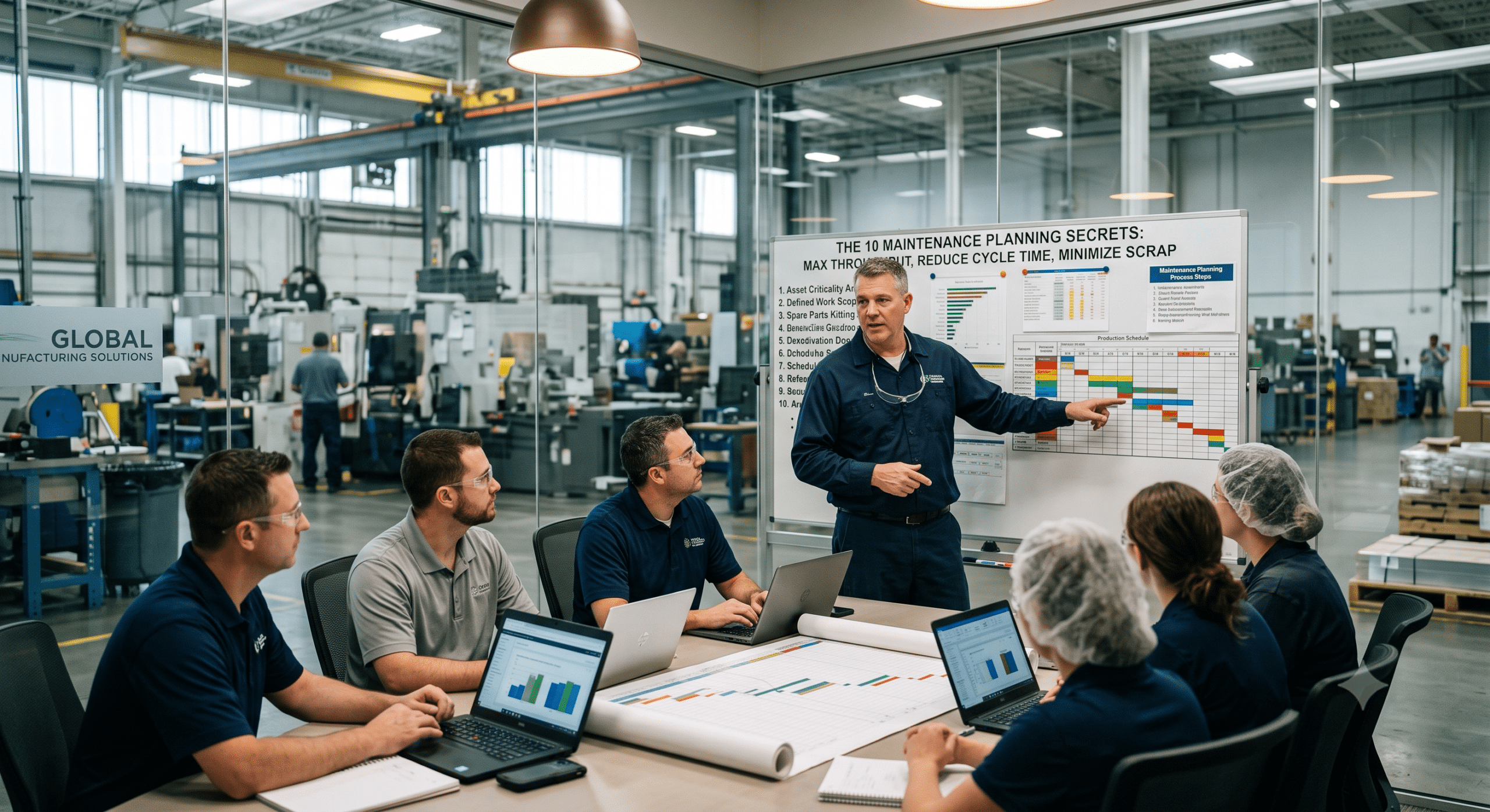 Maintenance planning process meeting to improve equipment reliability and factory maintenance scheduling.