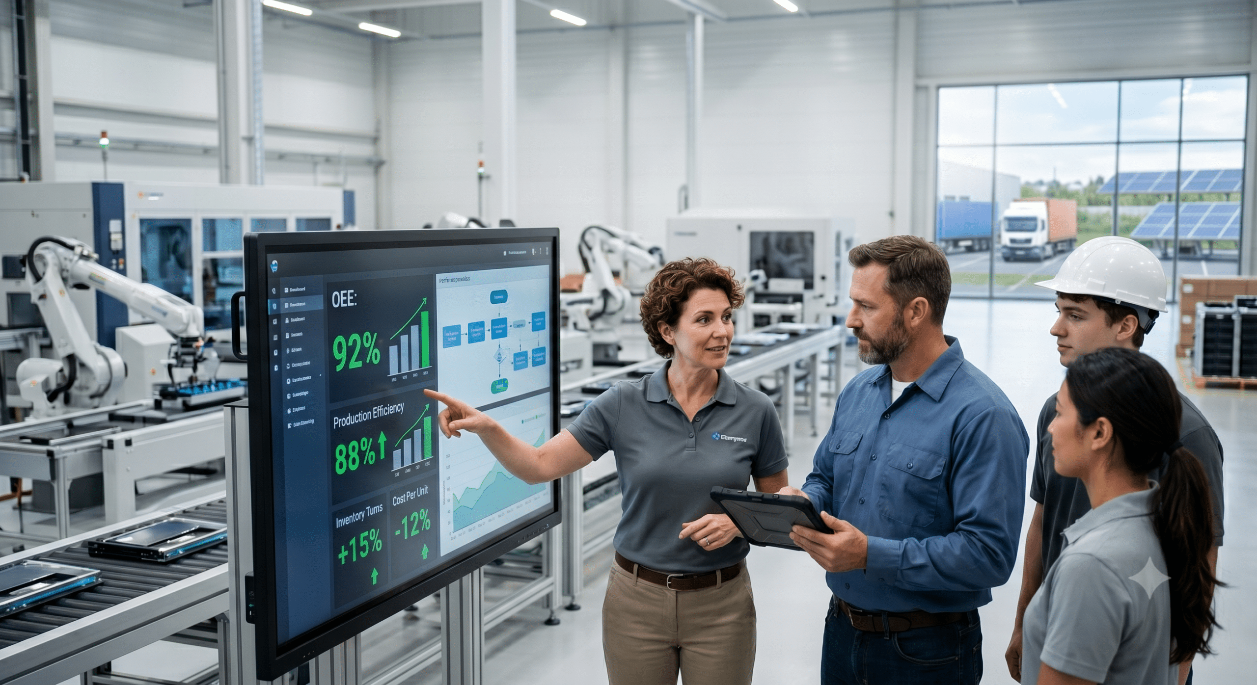 Manufacturing operations management team reviewing production efficiency, OEE metrics, and factory performance dashboard in a smart manufacturing facility