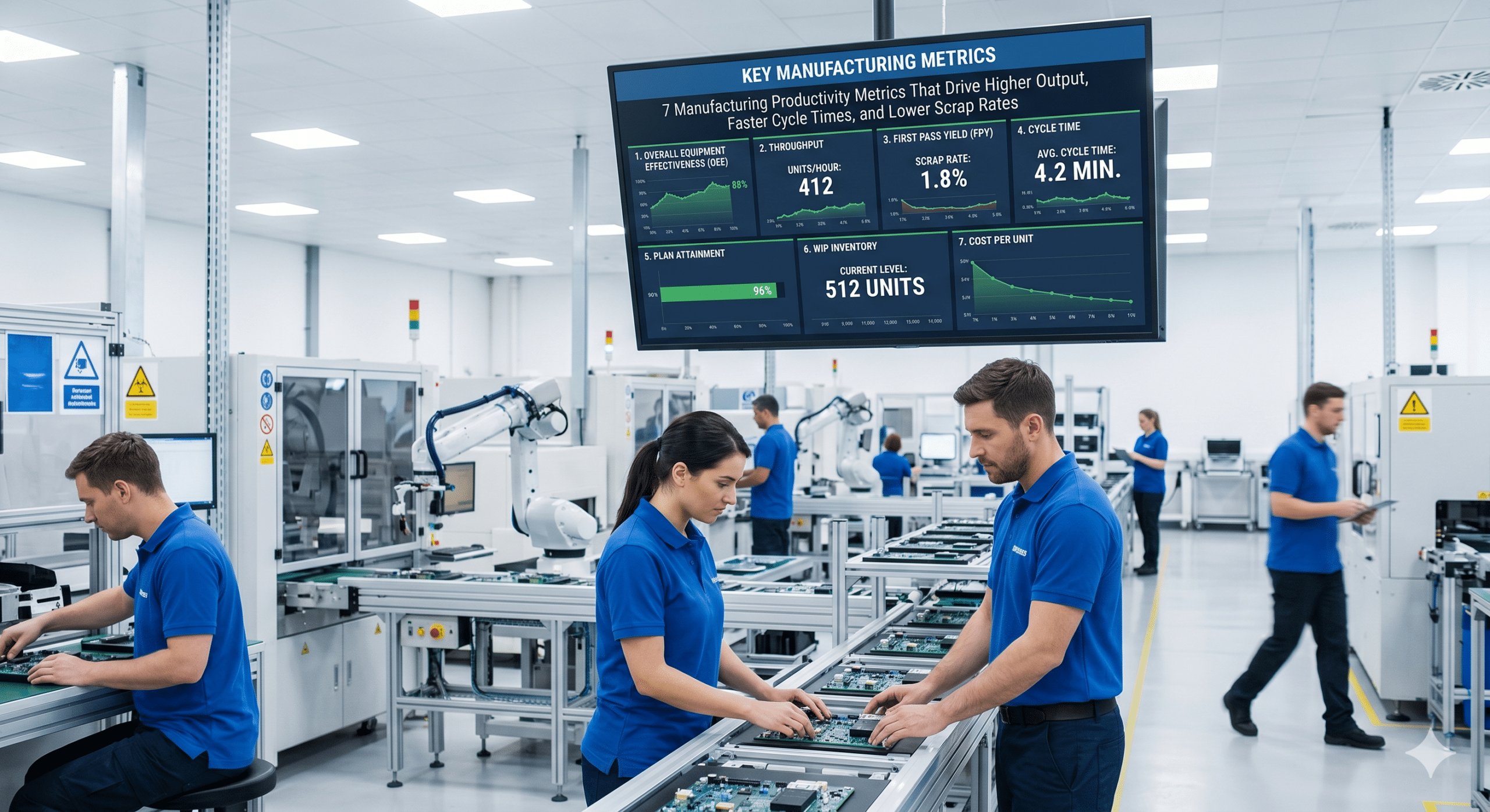 Manufacturing productivity metrics dashboard monitoring OEE, throughput, cycle time, scrap rate, and production efficiency on a modern factory floor