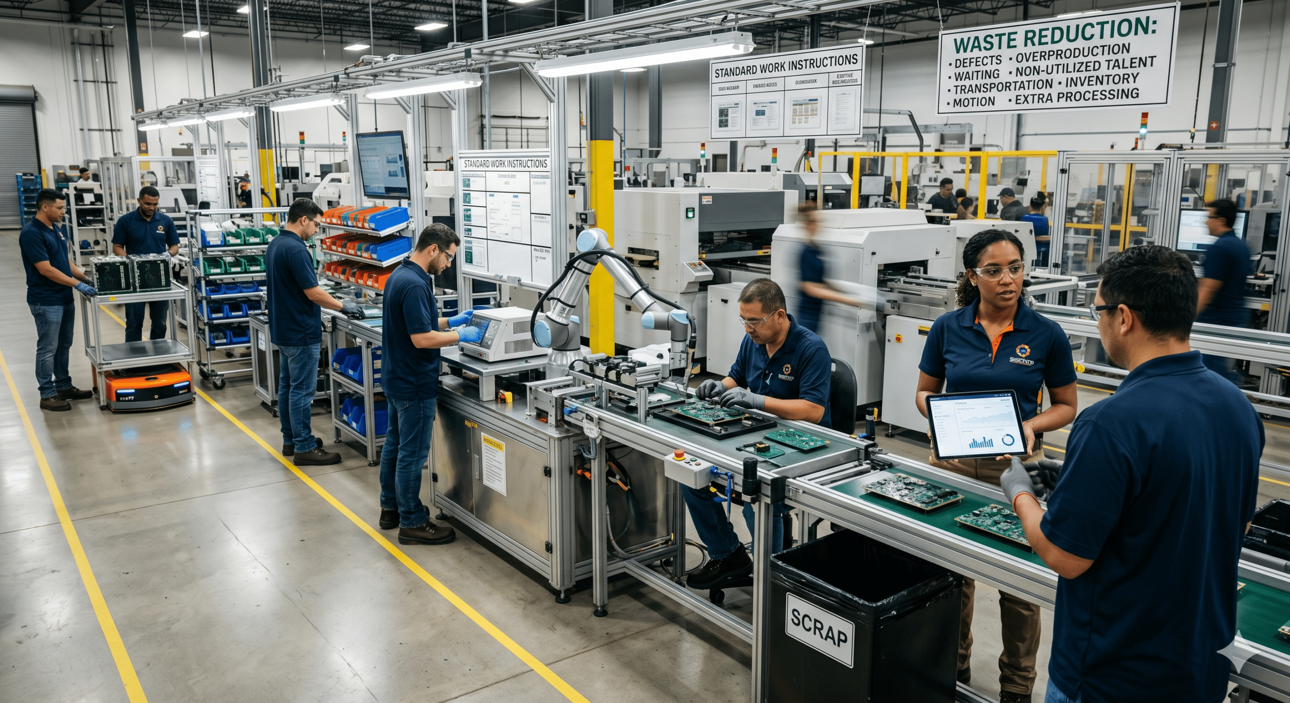 Manufacturing waste reduction strategies in a modern production facility with operators monitoring workflow, reducing scrap, and improving production efficiency