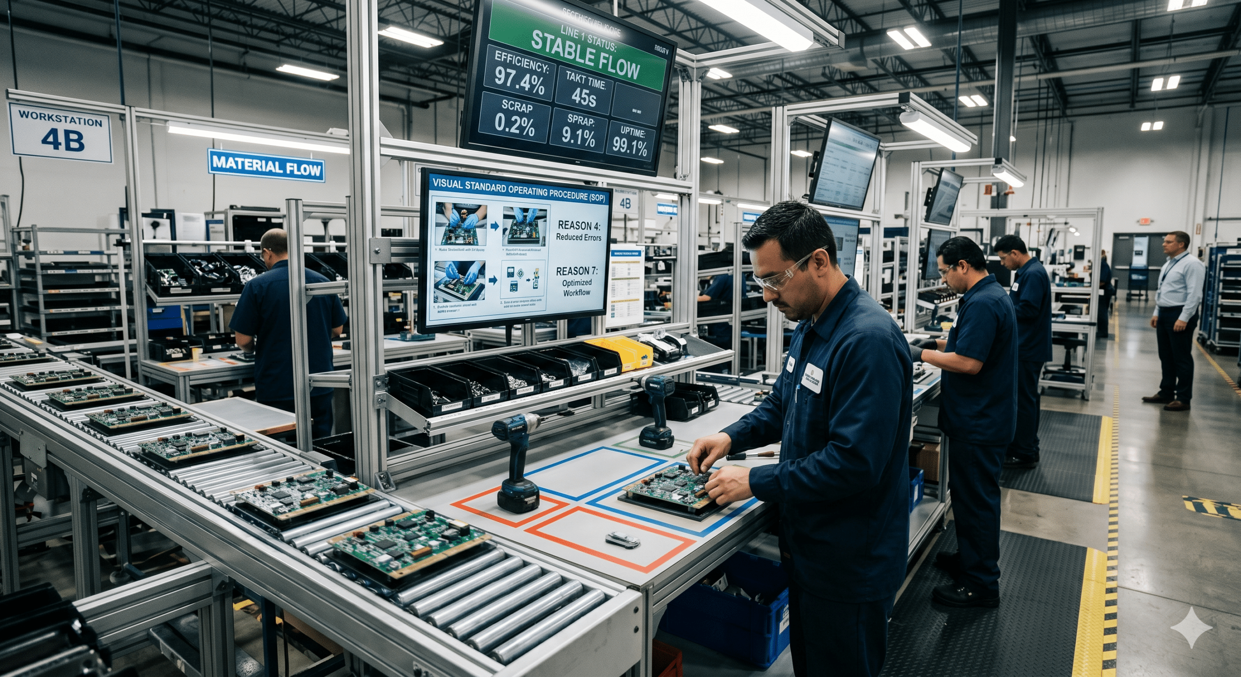 Process standardization manufacturing workstation with visual work instructions, standardized assembly procedures, and real-time production efficiency monitoring on an electronics production line