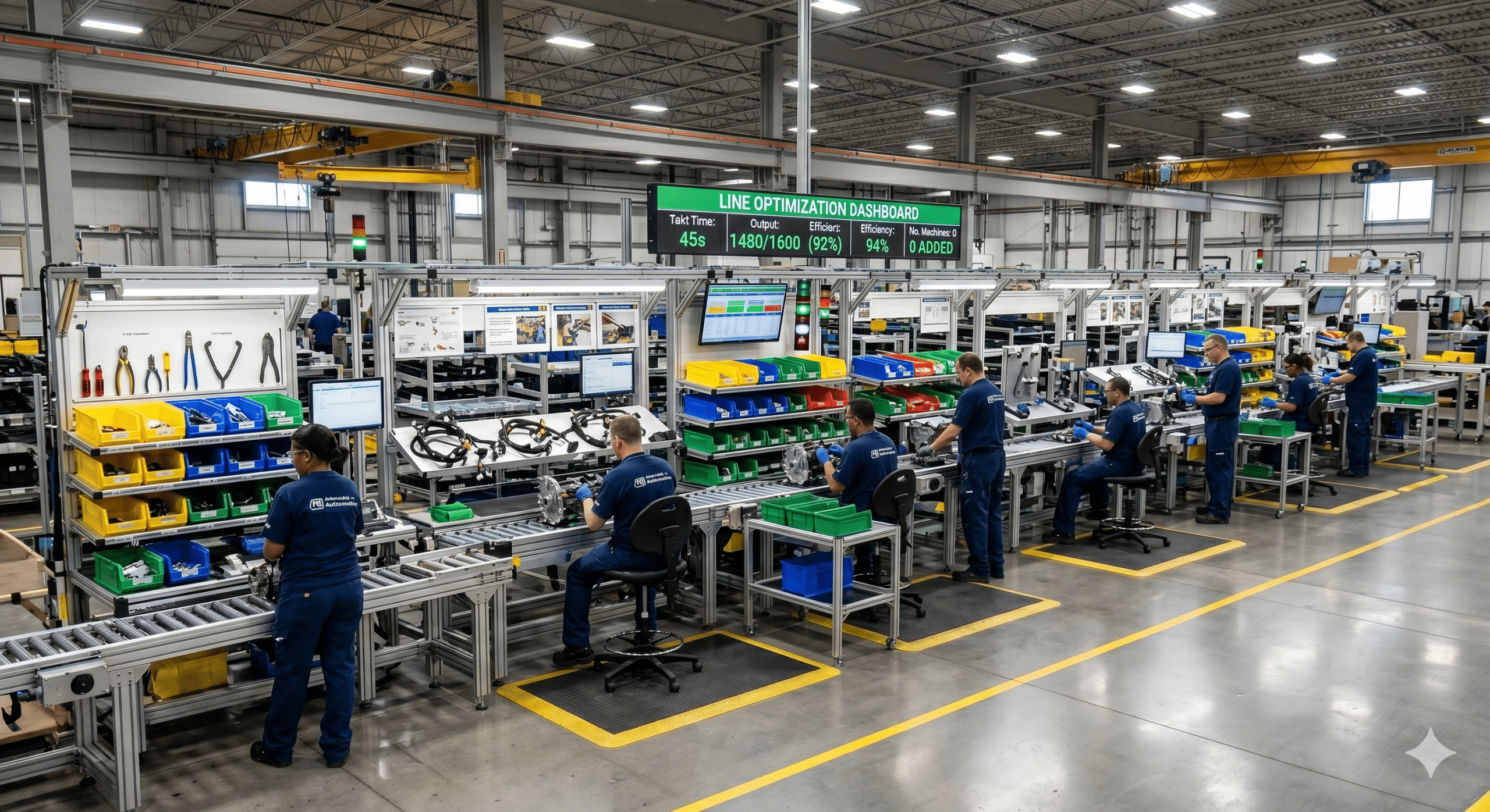 Production line optimization in a modern manufacturing facility with balanced assembly workstations, real-time performance dashboard, and efficient production flow