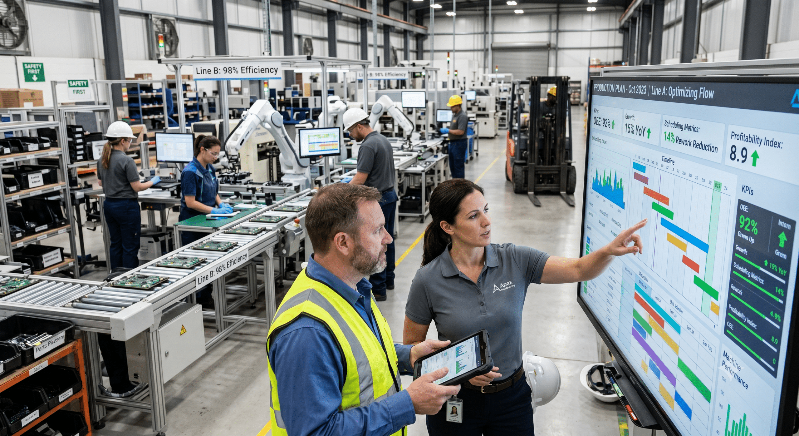 Production planning and scheduling dashboard used by manufacturing operations managers to monitor factory performance, production efficiency, workflow optimization, and real-time scheduling metrics.