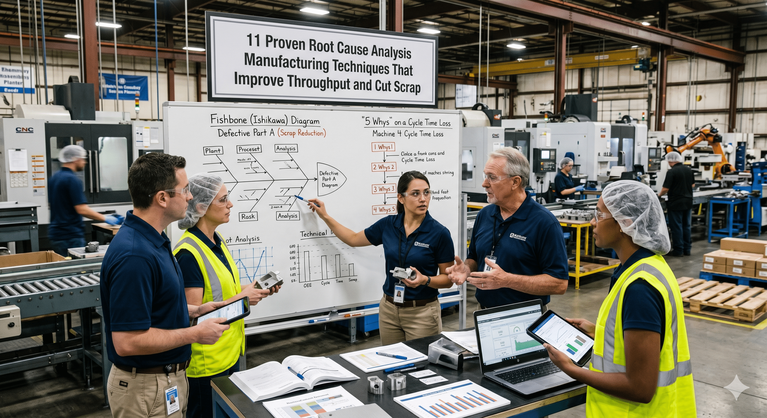 Root cause analysis manufacturing team using Fishbone Diagram and 5 Whys techniques to improve throughput, reduce cycle time, and cut scrap on a factory production floor