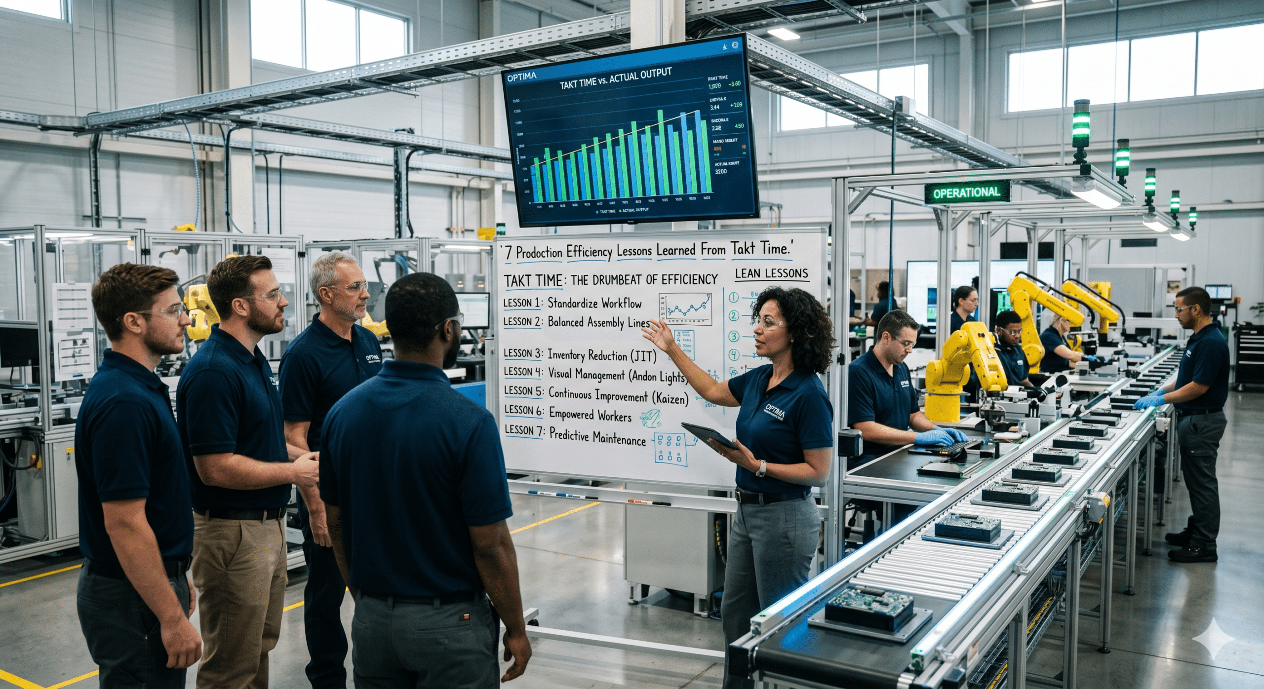 Manufacturing team reviewing takt time performance metrics and production efficiency improvements on an automated factory assembly line
