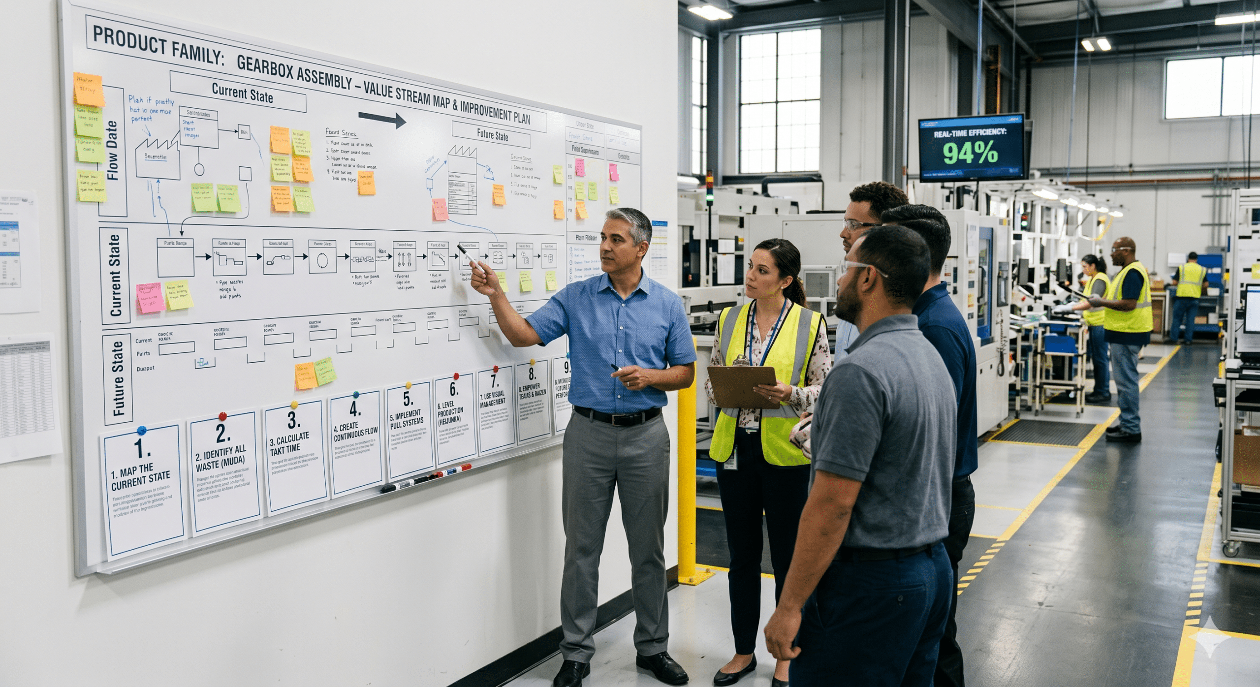 Value stream mapping guide workshop in a manufacturing facility focused on improving production efficiency, reducing cycle time, and minimizing scrap rates