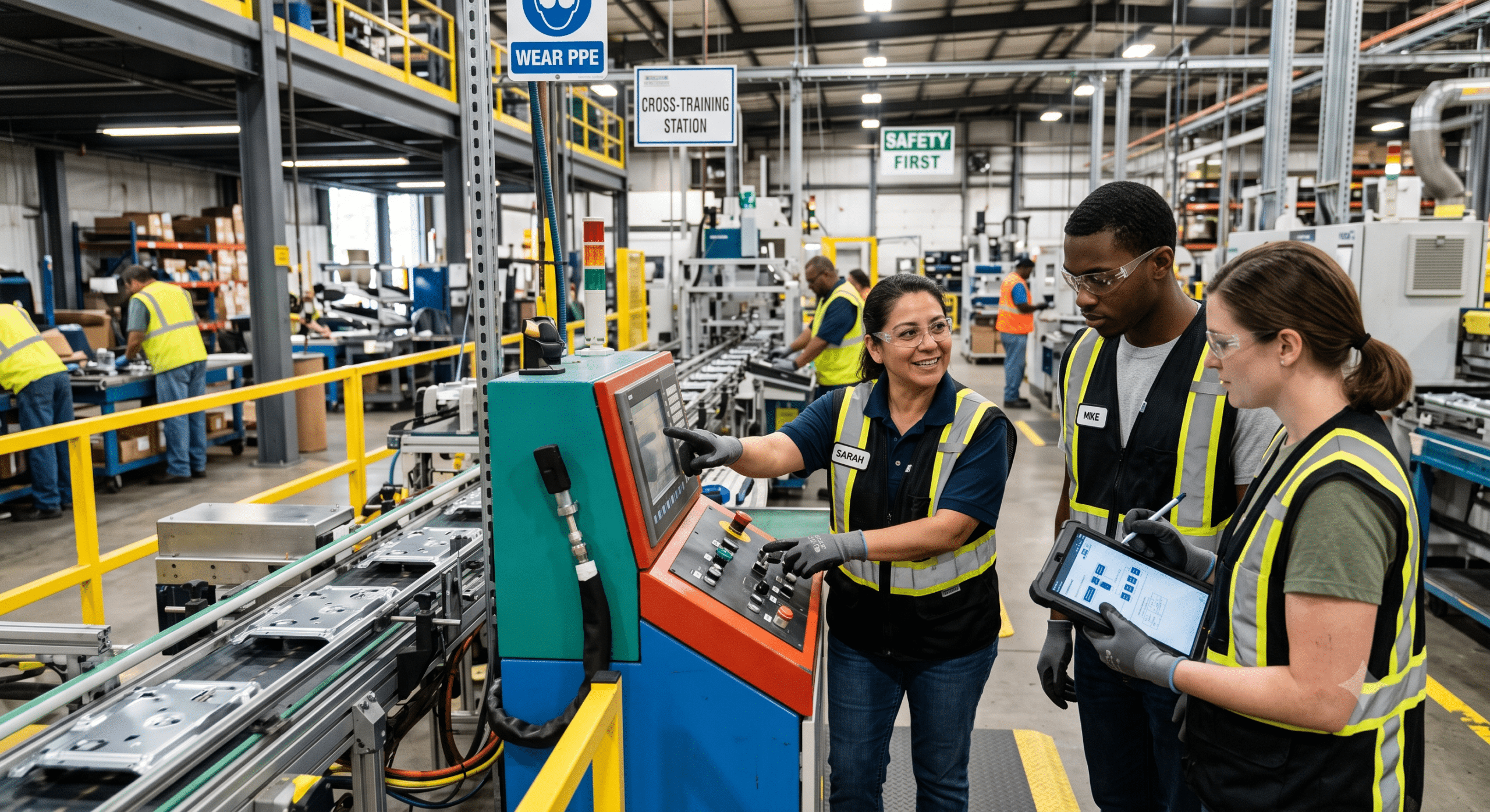Manufacturing supervisor cross-training employees on production equipment to improve workforce flexibility and operational efficiency.