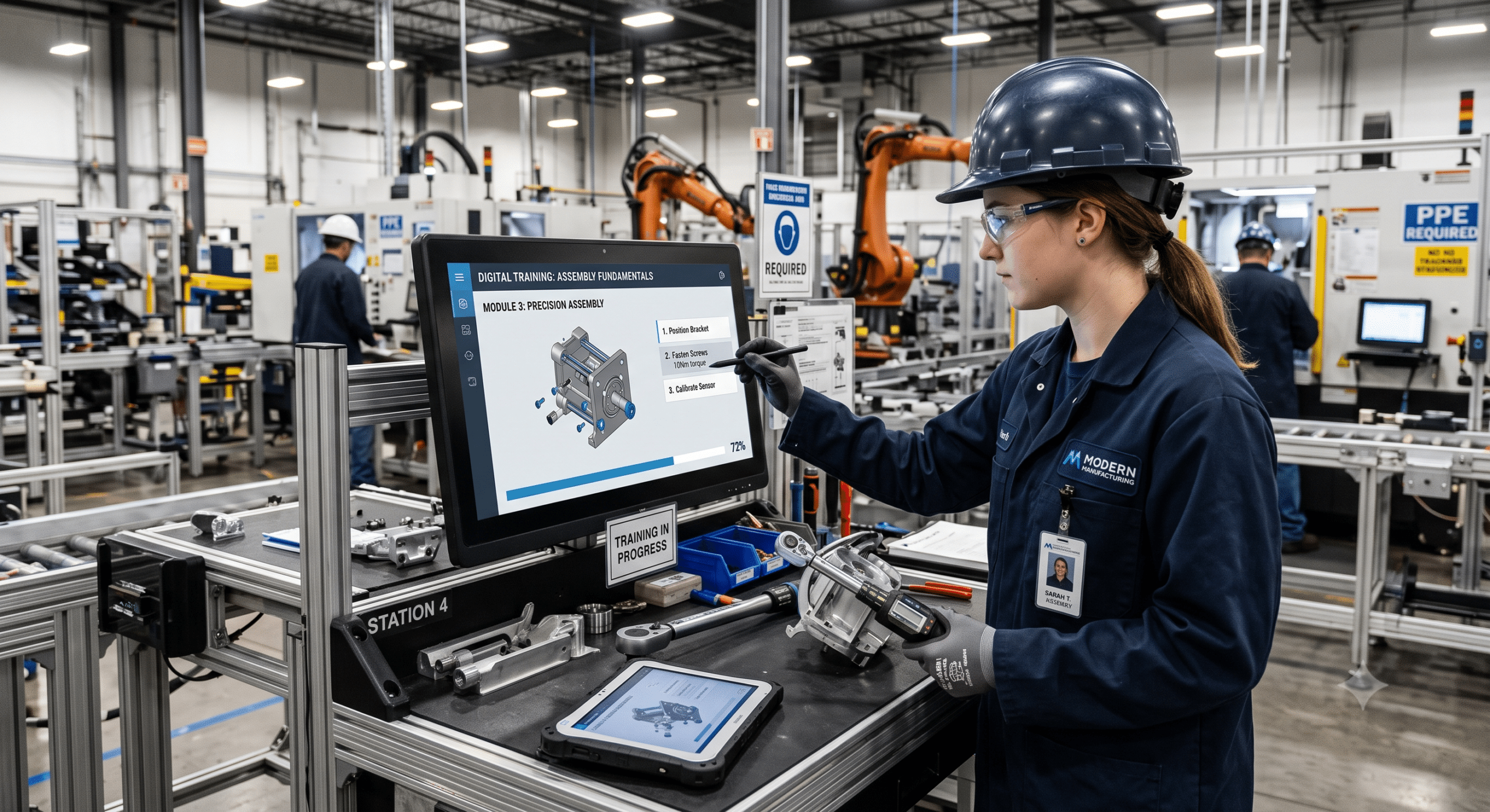 Digital training manufacturing program showing a factory worker using an interactive touchscreen to complete assembly training on a modern production line