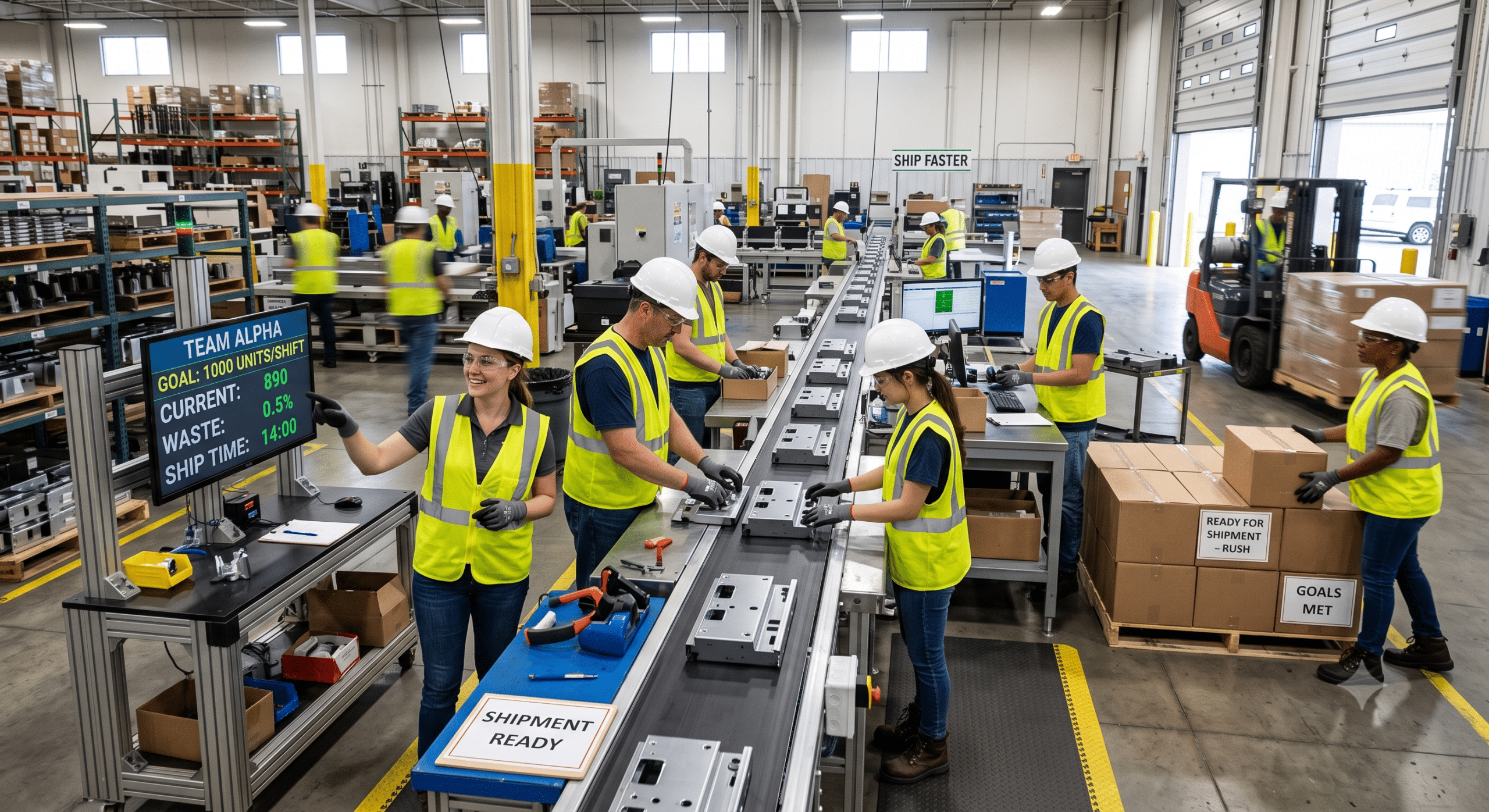 Manufacturing employees collaborating on an assembly line with real-time performance metrics to improve employee engagement and productivity.