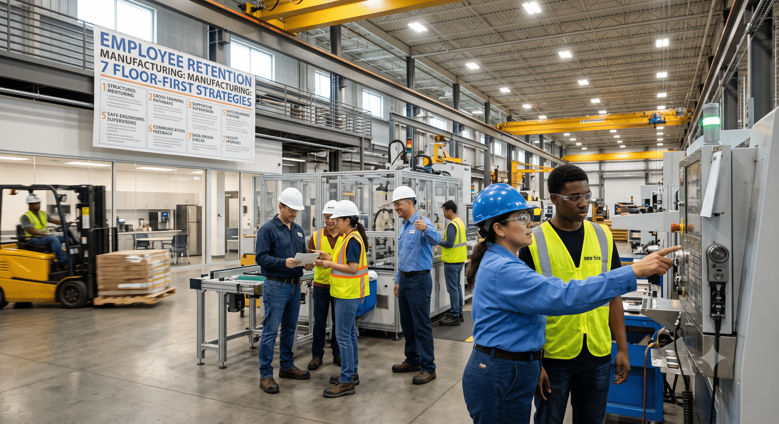 Manufacturing supervisor training a new employee on CNC machine controls while promoting employee retention through hands-on workforce development.