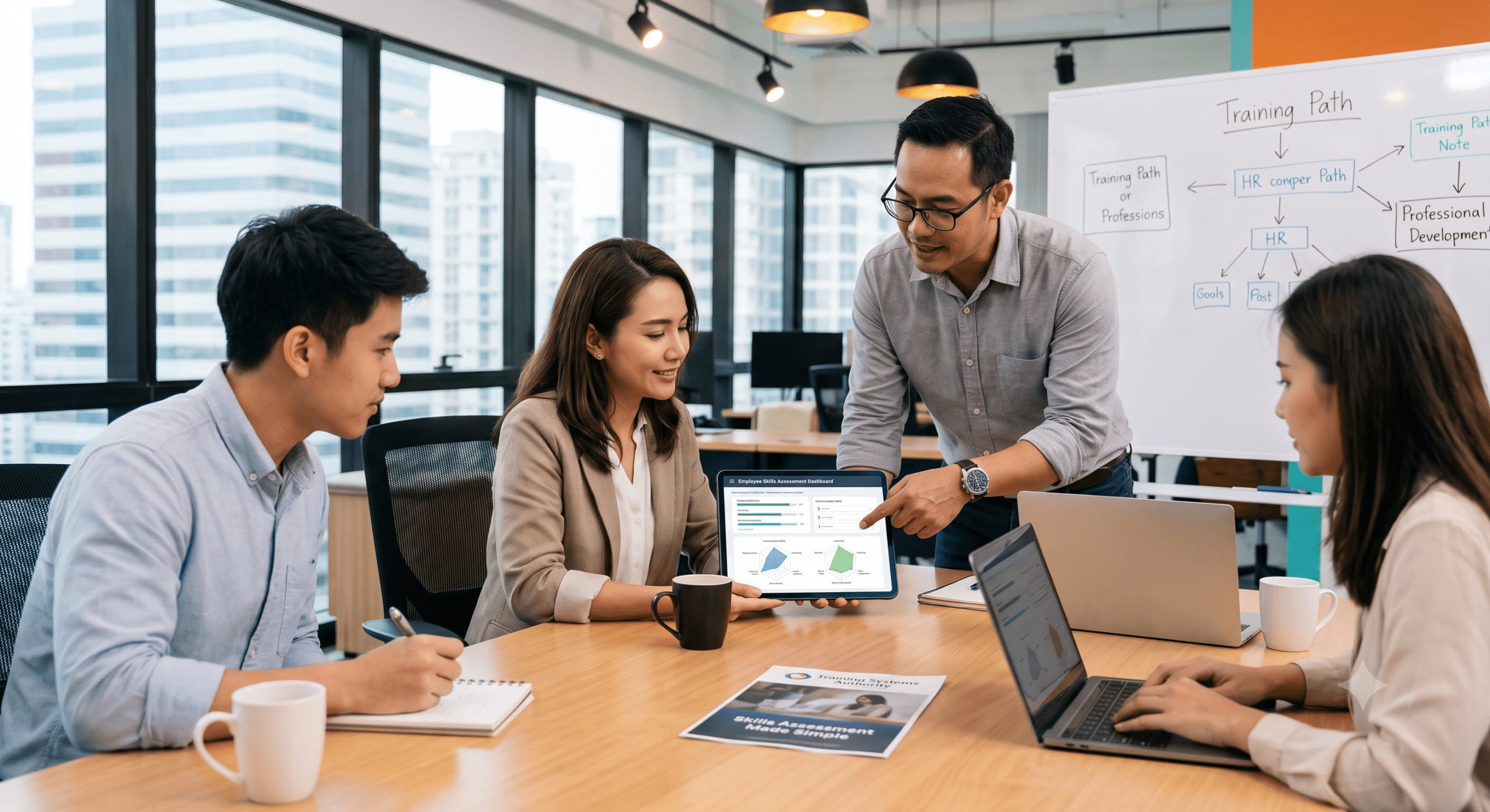 Employee skills assessment meeting with learning architect reviewing workforce competency dashboard and training development strategy in a modern office