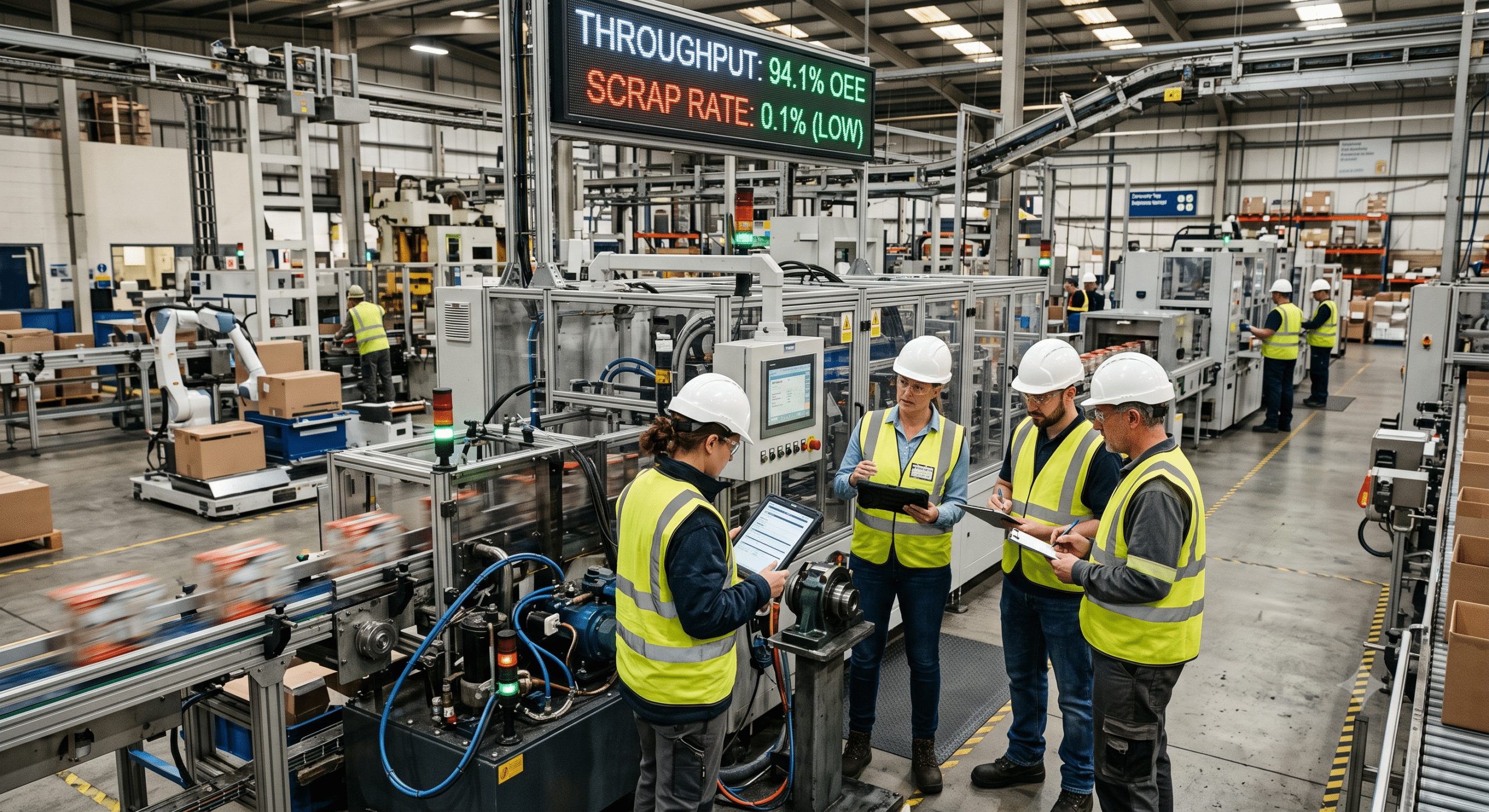 Maintenance audit team inspecting industrial equipment and reviewing maintenance performance.