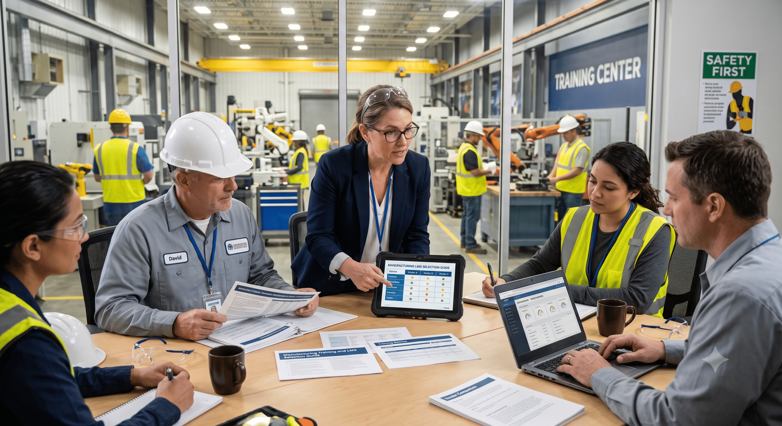 Manufacturing LMS software training session in a modern factory where an instructional systems designer leads employees through digital learning, safety compliance, and workforce development.