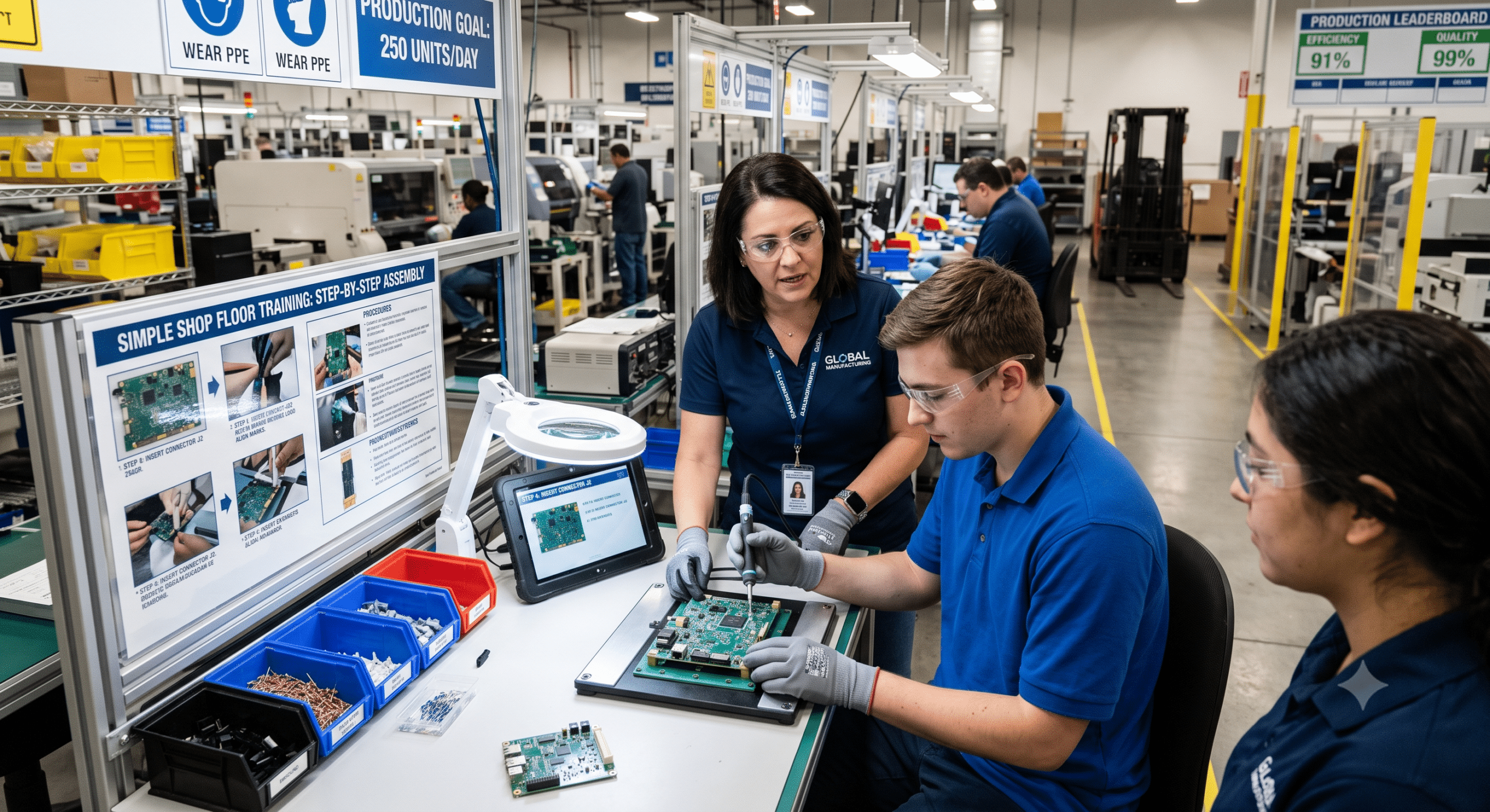 Manufacturing supervisor training new employees on PCB assembly, supporting manufacturing career pathways through hands-on technical skills development.