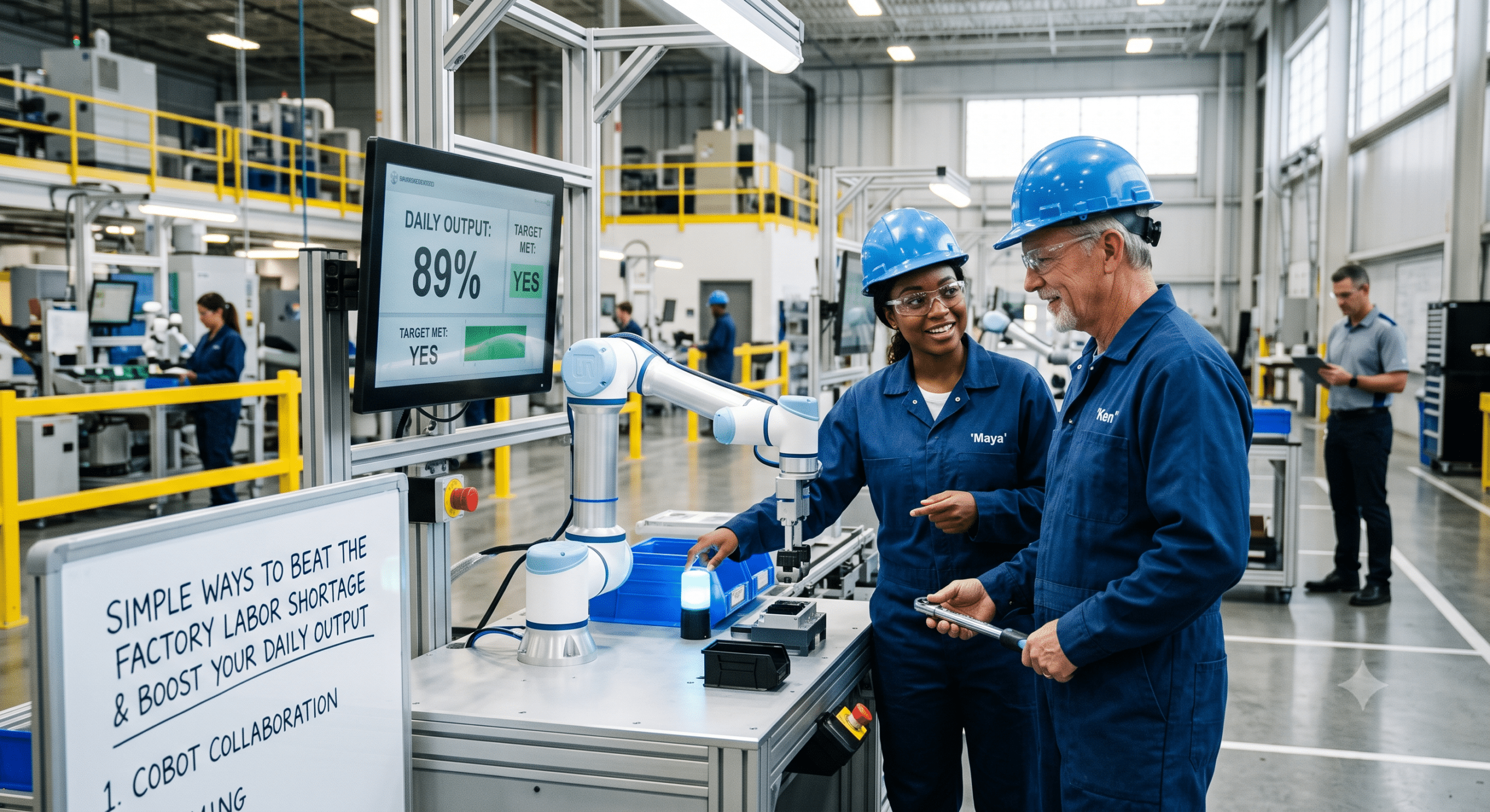 Manufacturing engineers using collaborative robots (cobots) to address labor shortages and improve factory productivity through automation.