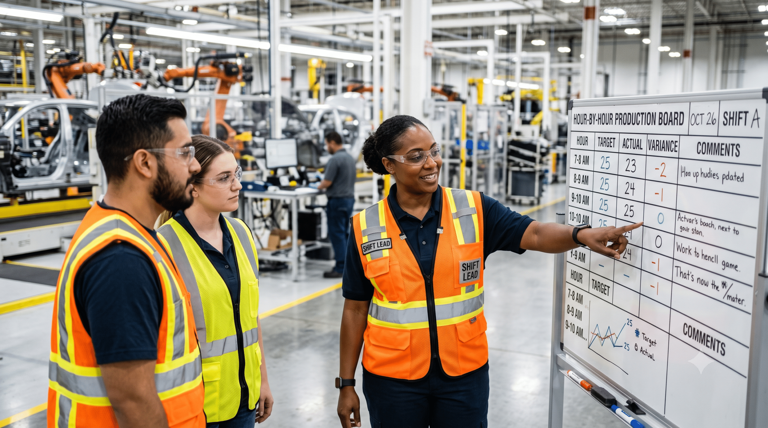 Manufacturing shift leader reviewing production metrics and coaching team members on performance improvement in an automated factory.