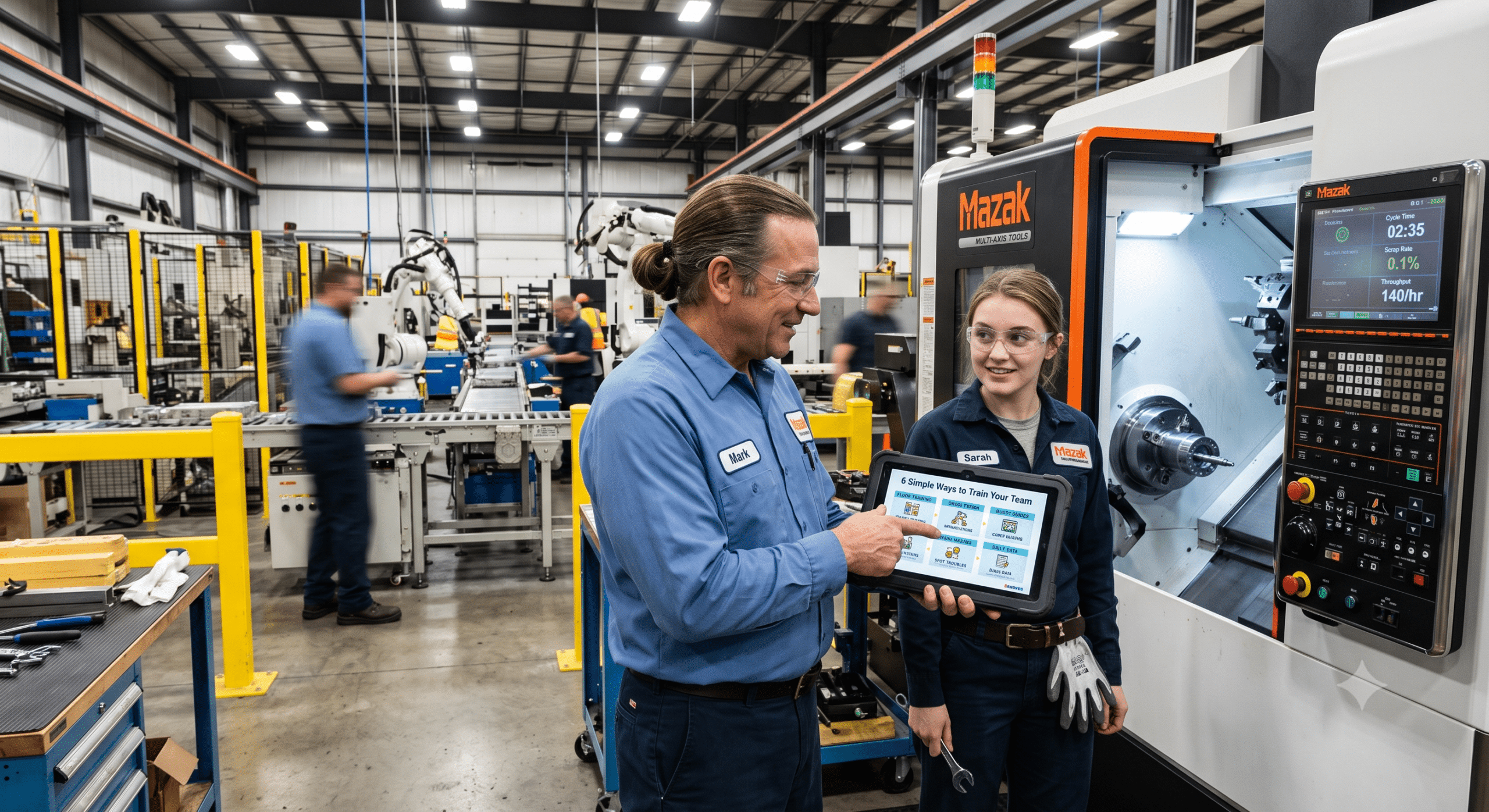 Manufacturing supervisor training a new CNC machine operator on a Mazak machining center in a modern automated factory.