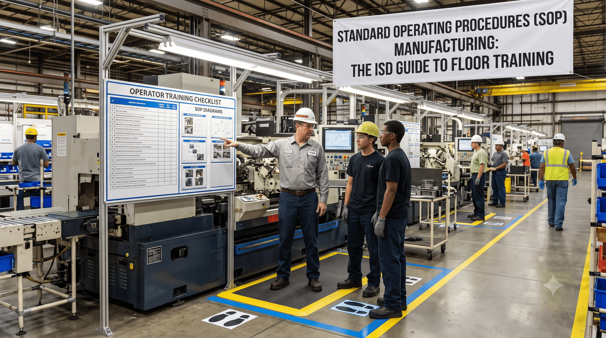 Manufacturing SOPs training session on a factory floor with an instructor guiding operators using standard operating procedures and training checklists.