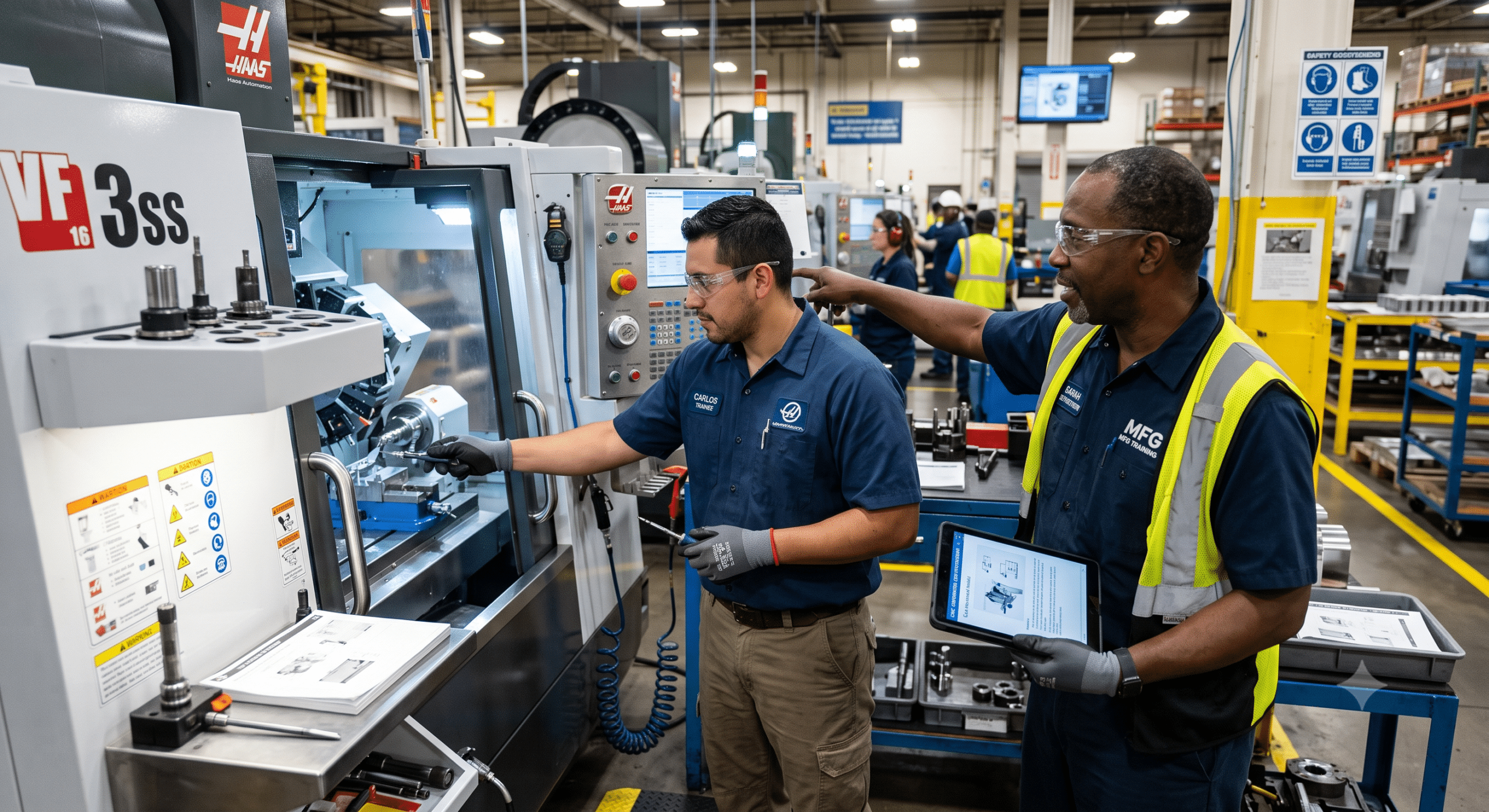Operator certification programs instructor training a manufacturing machine operator on CNC equipment in a modern factory
