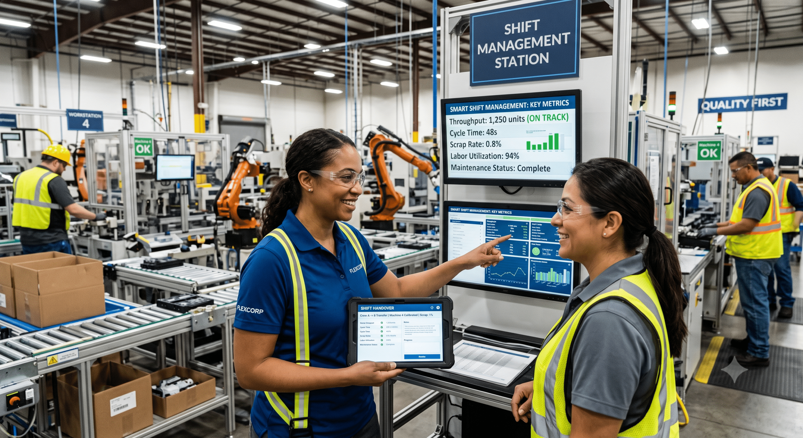 Manufacturing supervisors reviewing shift management metrics and production dashboards to improve workforce coordination and factory performance.