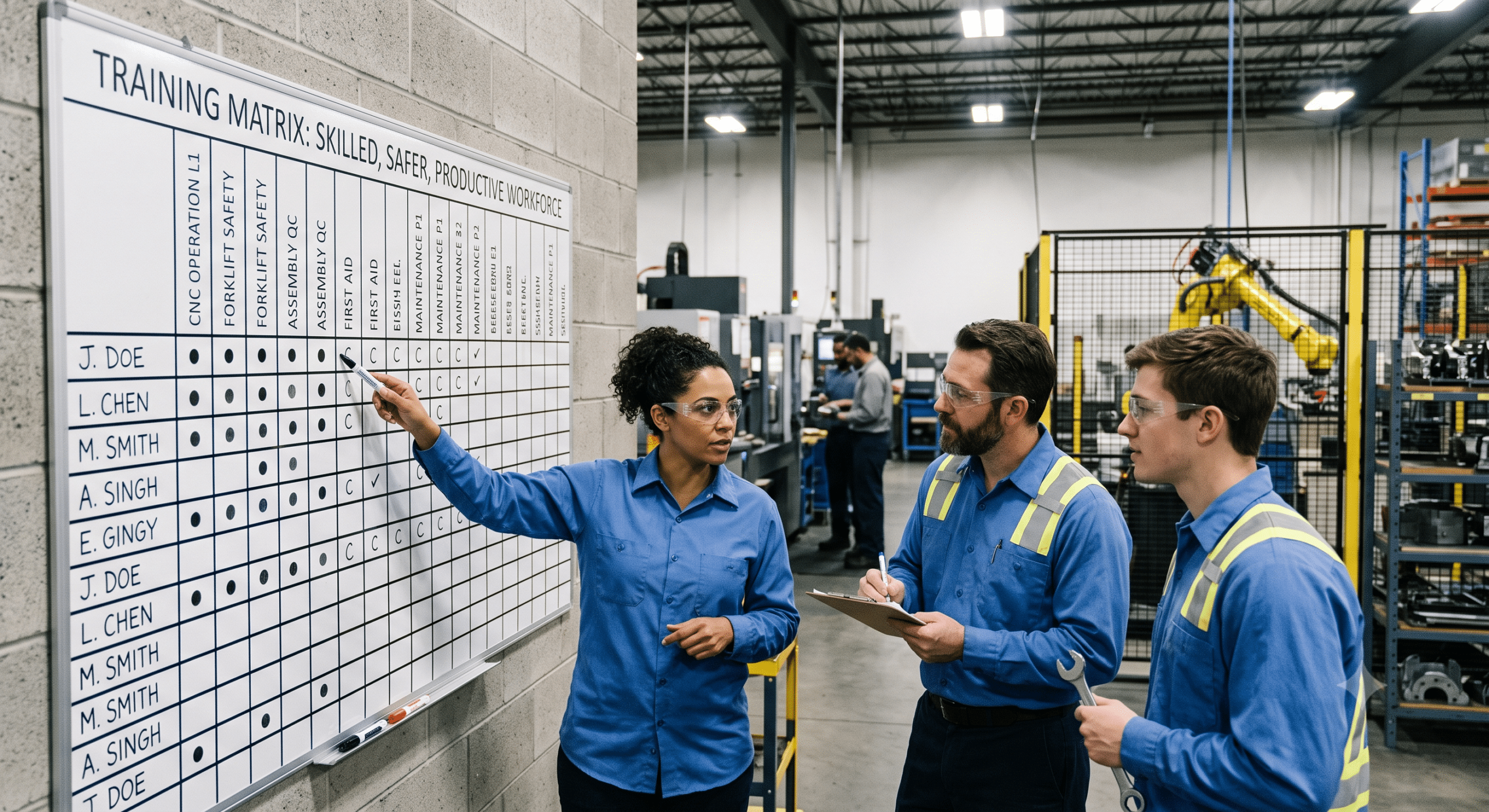 Training matrix manufacturing board used by supervisors and production employees to track skills, certifications, safety training, and workforce competency in a modern factory.
