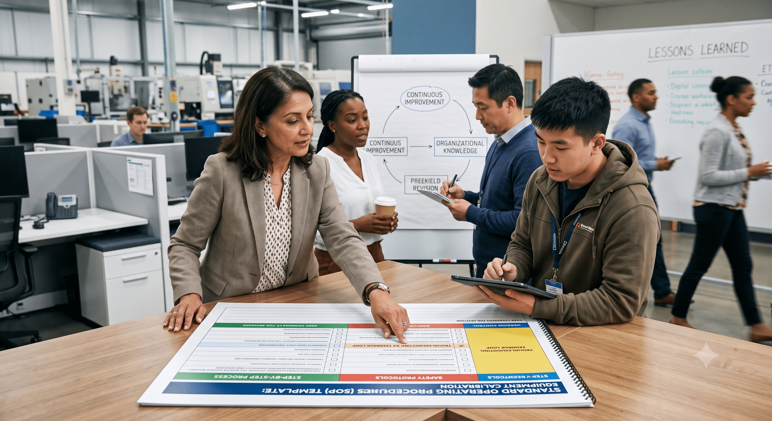 Work instruction templates being reviewed by a training manager and employee during manufacturing competency management and workplace training session