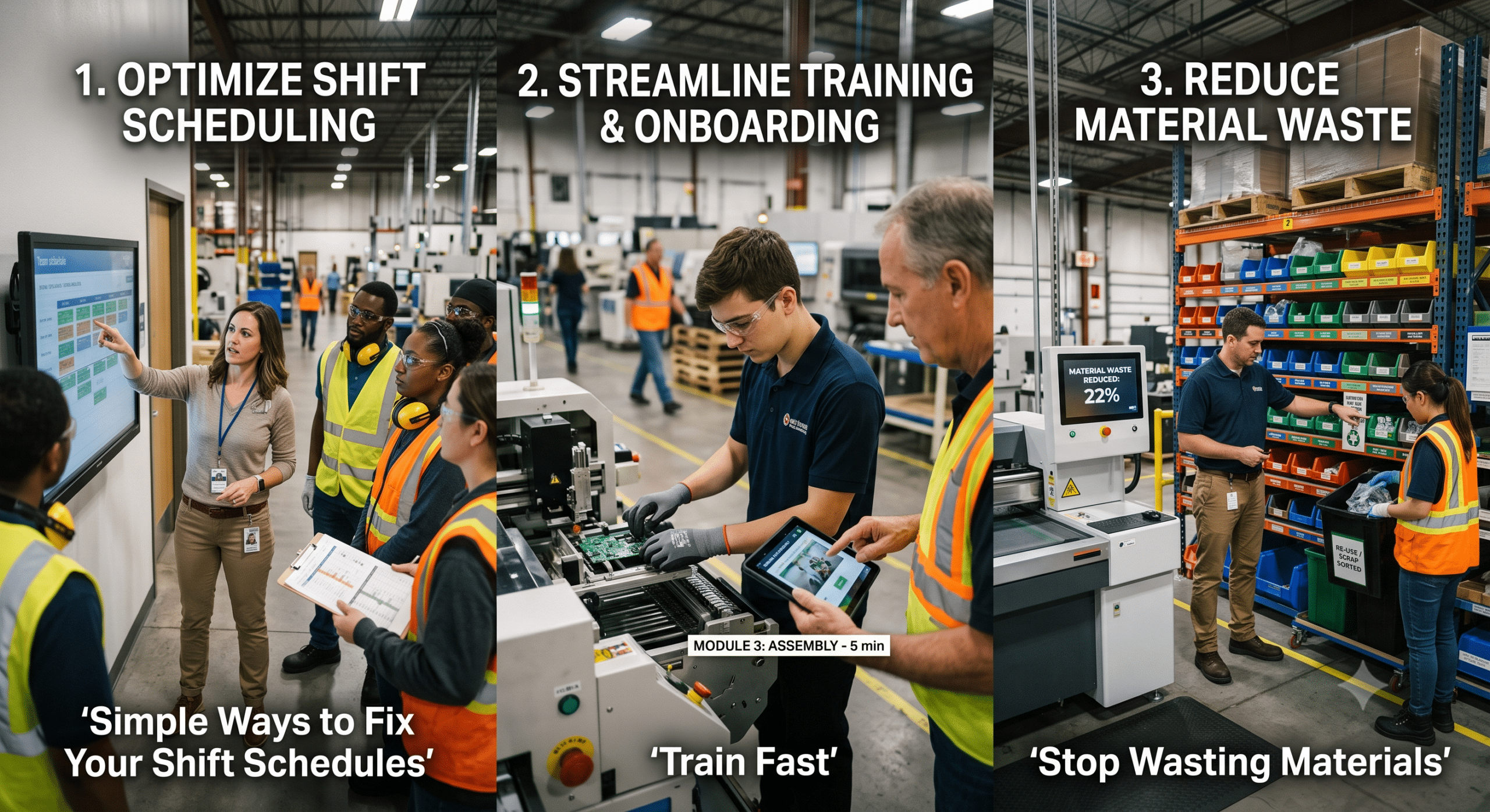 Workforce planning strategies in manufacturing featuring shift scheduling, employee onboarding, and material waste reduction in a modern factory.